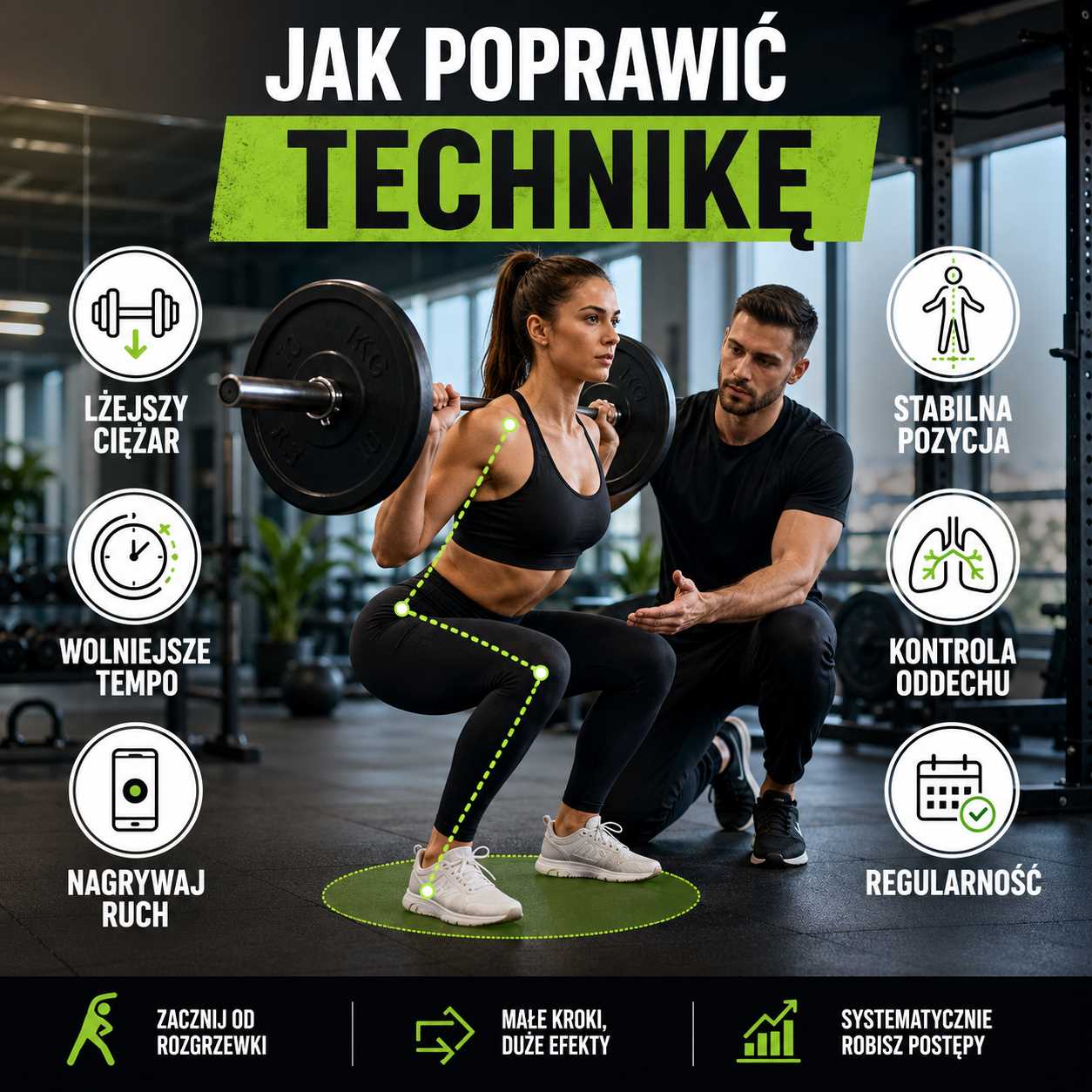 Jak poprawić technikę – infografika pokazująca prawidłową postawę podczas ćwiczeń, kontrolę ruchu, lżejszy ciężar, wolniejsze tempo, stabilną pozycję, kontrolę oddechu i regularność treningu.