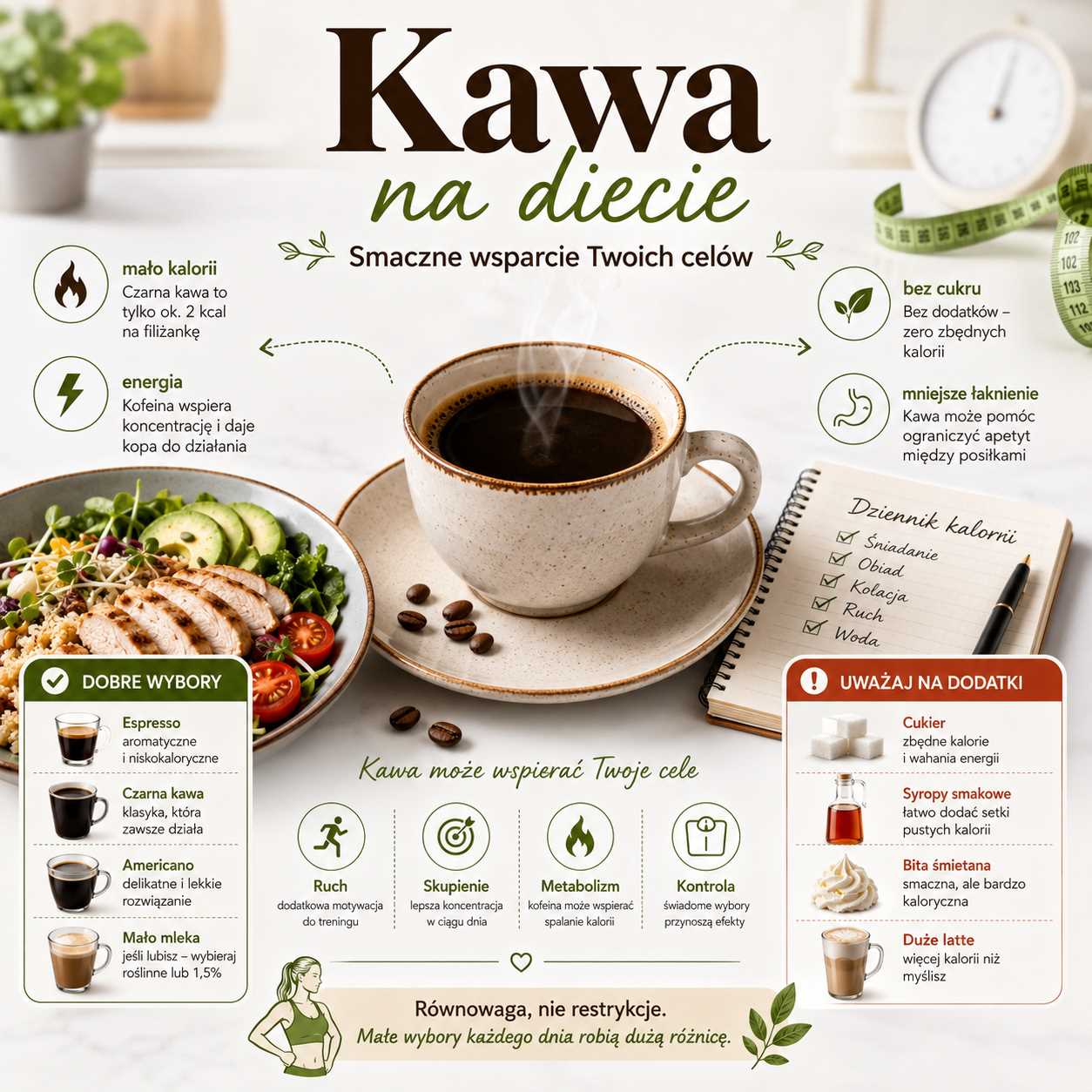 Infografika „Kawa na diecie” przedstawiająca filiżankę czarnej kawy, zdrowy posiłek, dziennik kalorii oraz wskazówki dotyczące picia kawy podczas odchudzania. Grafika pokazuje niską kaloryczność czarnej kawy, wpływ kofeiny na energię i koncentrację oraz ostrzega przed dodatkami, takimi jak cukier, syropy smakowe, bita śmietana i duże latte.