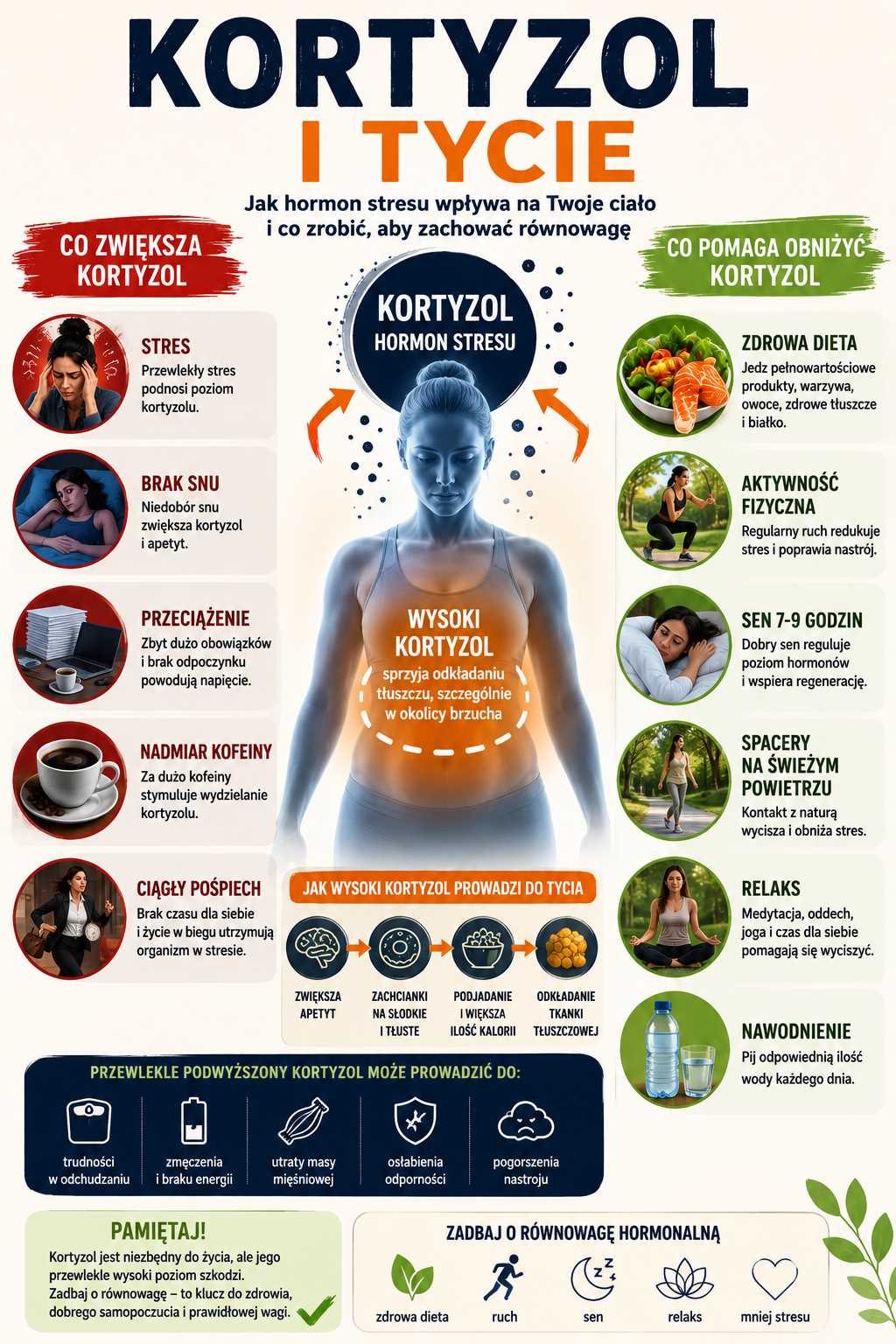 Infografika „Kortyzol i tycie” pokazująca, jak hormon stresu wpływa na apetyt, zachcianki, sen, odkładanie tkanki tłuszczowej w okolicy brzucha oraz trudności w odchudzaniu, a także sposoby obniżania kortyzolu poprzez zdrową dietę, aktywność fizyczną, sen, relaks i nawodnienie.