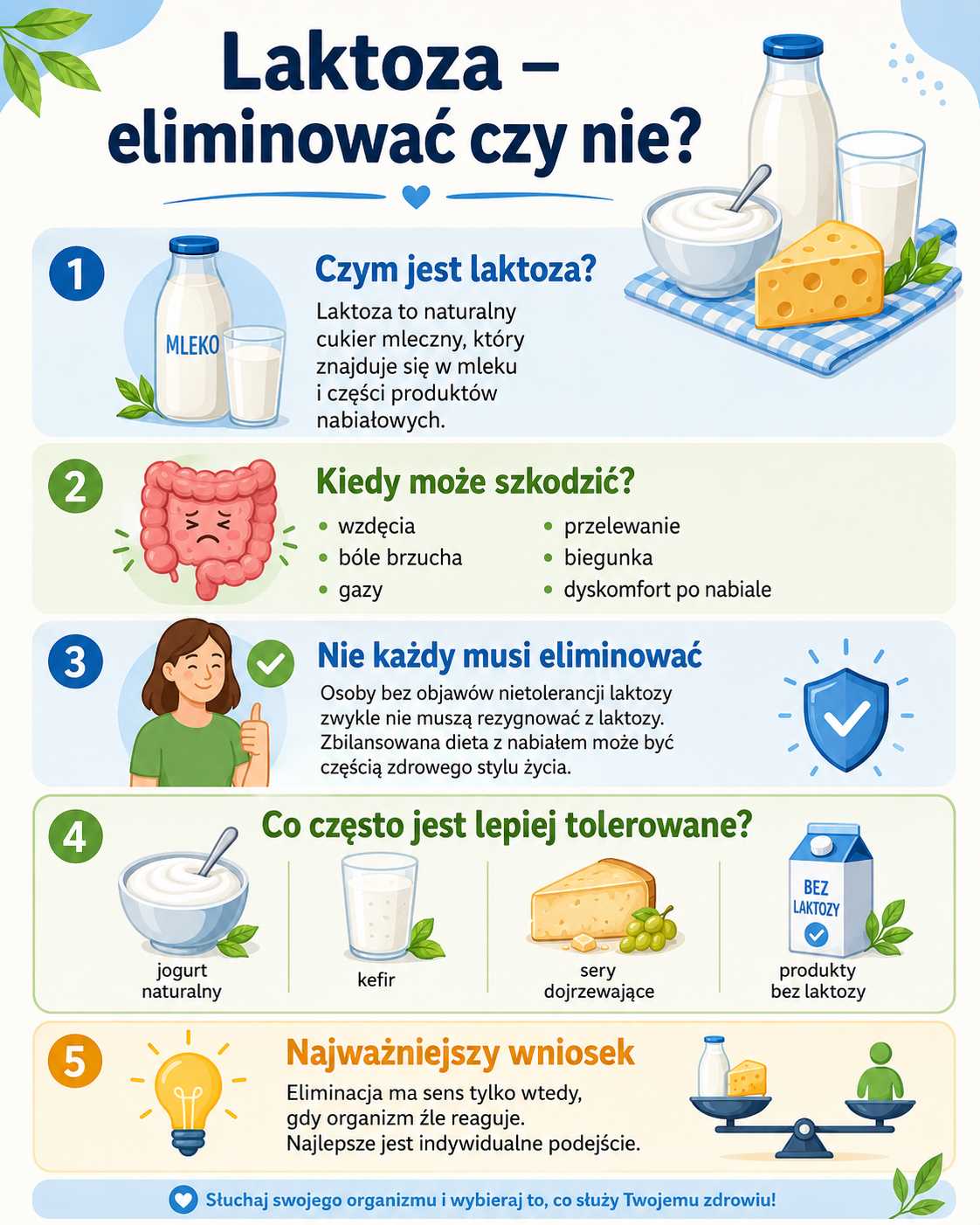 Infografika wyjaśniająca, czym jest laktoza, kiedy może powodować objawy nietolerancji oraz czy warto ją eliminować z diety. Grafika przedstawia mleko, jogurt, ser, produkty bez laktozy, typowe dolegliwości trawienne oraz wskazówki dotyczące indywidualnego podejścia do nabiału i zdrowego odżywiania.