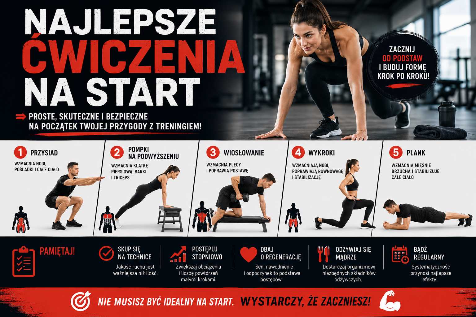 Najlepsze ćwiczenia na start – infografika przedstawiająca prosty trening dla początkujących, przysiady, pompki na podwyższeniu, wiosłowanie, wykroki i plank oraz zasady bezpiecznego budowania formy krok po kroku.