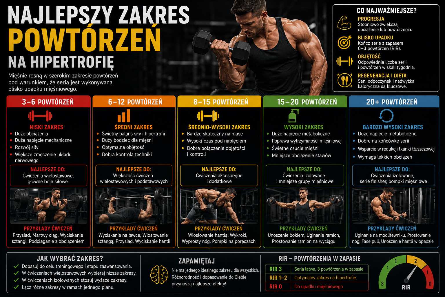Infografika przedstawiająca najlepszy zakres powtórzeń na hipertrofię – pokazuje przedziały 3–6, 6–12, 8–15, 15–20 i 20+ powtórzeń, ich zastosowanie w ćwiczeniach wielostawowych i izolowanych oraz znaczenie progresji, RIR, objętości, diety i regeneracji w budowaniu masy mięśniowej.