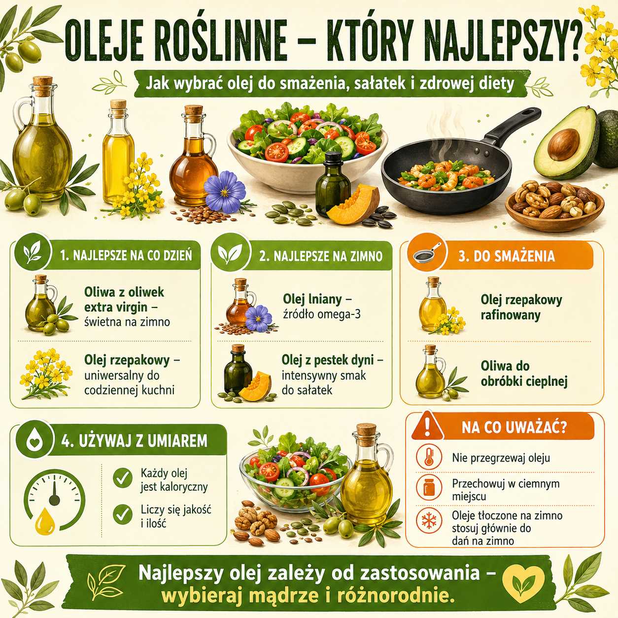 Oleje roślinne – który najlepszy? Infografika przedstawiająca porównanie olejów roślinnych i ich zastosowanie w kuchni, pokazująca najlepsze oleje na co dzień, na zimno i do smażenia, w tym oliwę z oliwek, olej rzepakowy, olej lniany i olej z pestek dyni, oraz wskazówki dotyczące umiarkowanego użycia i właściwego przechowywania.