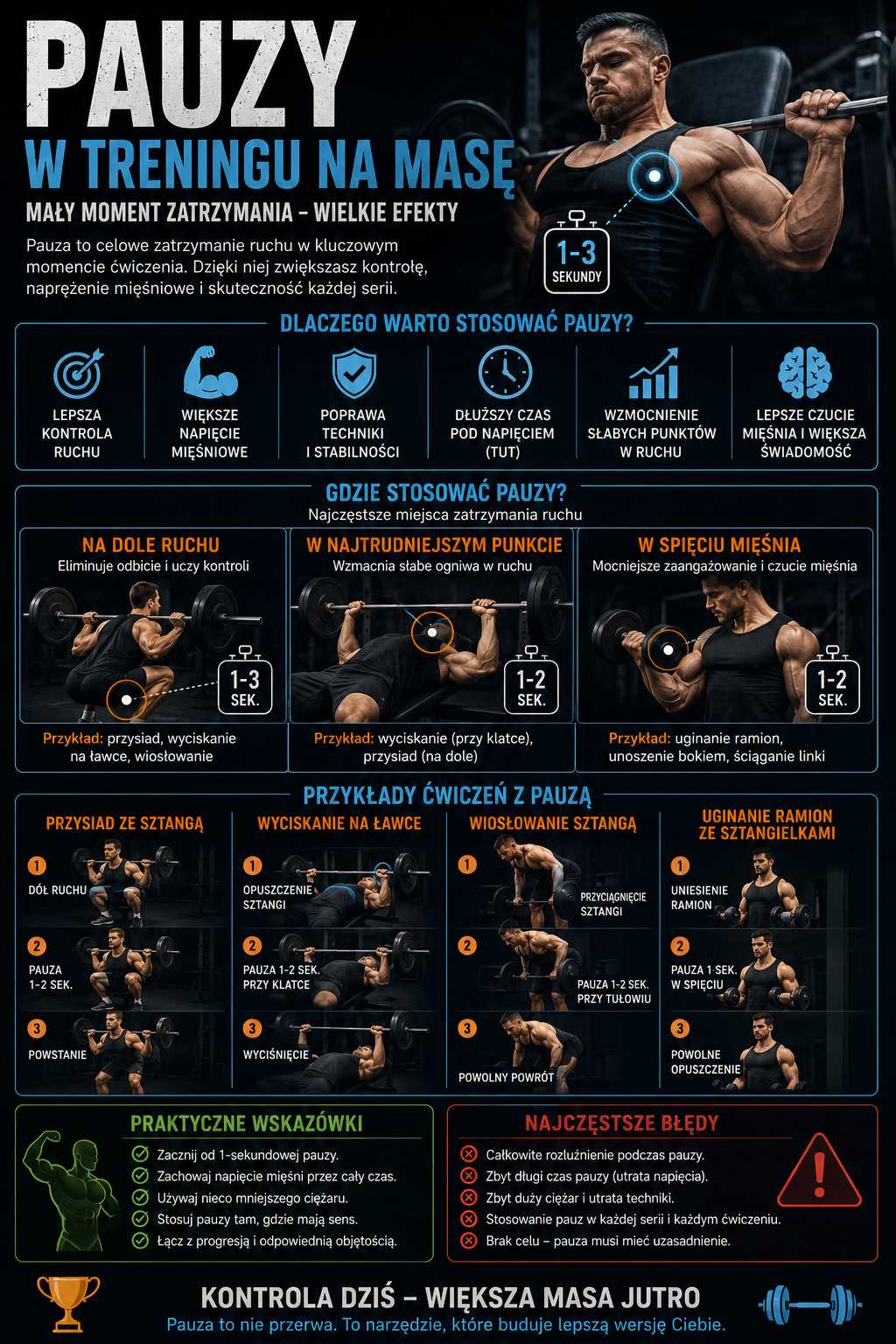 Infografika przedstawiająca pauzy w treningu na masę – pokazuje, jak celowe zatrzymanie ruchu na 1–3 sekundy poprawia kontrolę, napięcie mięśniowe, technikę, czas pod napięciem oraz skuteczność ćwiczeń takich jak przysiad, wyciskanie, wiosłowanie i uginanie ramion.