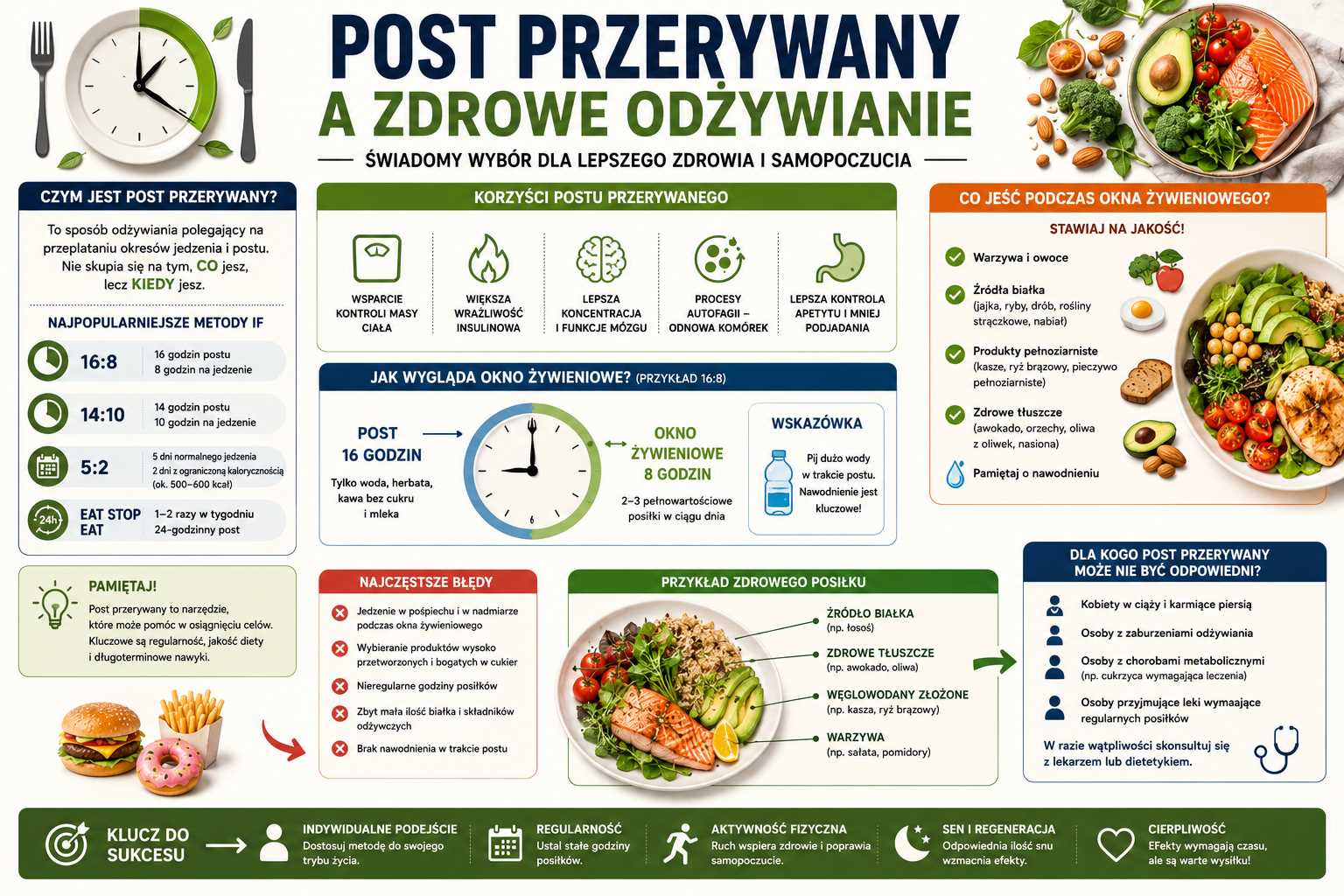 Infografika przedstawiająca zależność między postem przerywanym a zdrowym odżywianiem, pokazująca najpopularniejsze modele IF, korzyści zdrowotne, zasady komponowania posiłków, znaczenie nawodnienia oraz najczęstsze błędy popełniane podczas stosowania postu przerywanego.