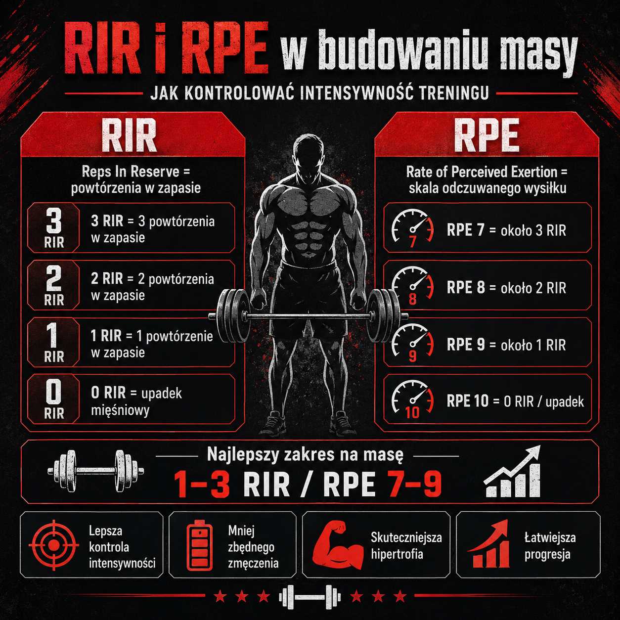 Infografika przedstawiająca RIR i RPE w budowaniu masy – pokazuje różnice między powtórzeniami w zapasie a skalą odczuwanego wysiłku, zakres 1–3 RIR / RPE 7–9 oraz korzyści kontroli intensywności dla hipertrofii, progresji i regeneracji.