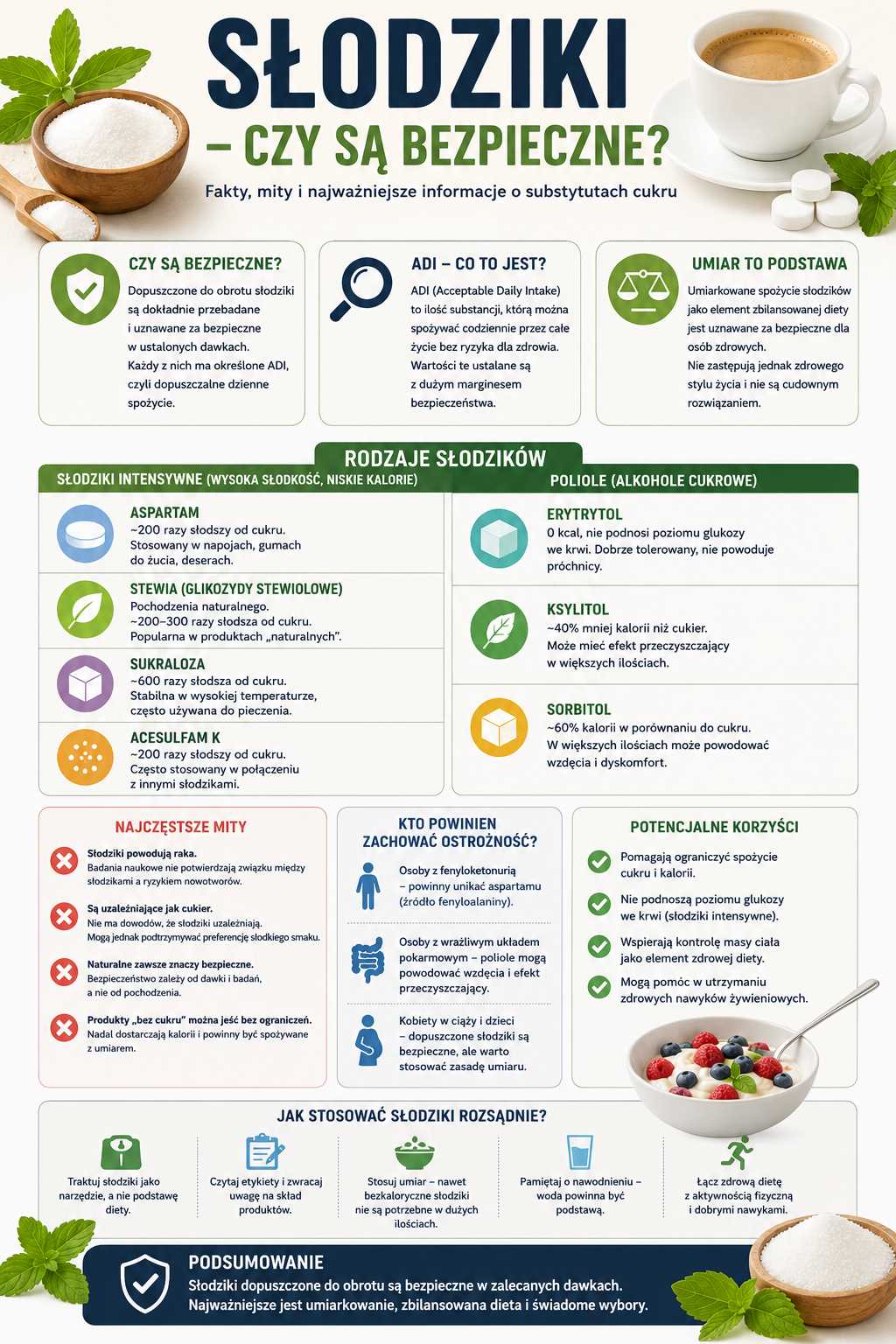 Infografika „Słodziki – czy są bezpieczne?” przedstawiająca rodzaje słodzików (aspartam, stewia, sukraloza, ksylitol, erytrytol), wyjaśnienie pojęcia ADI, najczęstsze mity oraz zasady umiarkowanego stosowania w zdrowej diecie.
