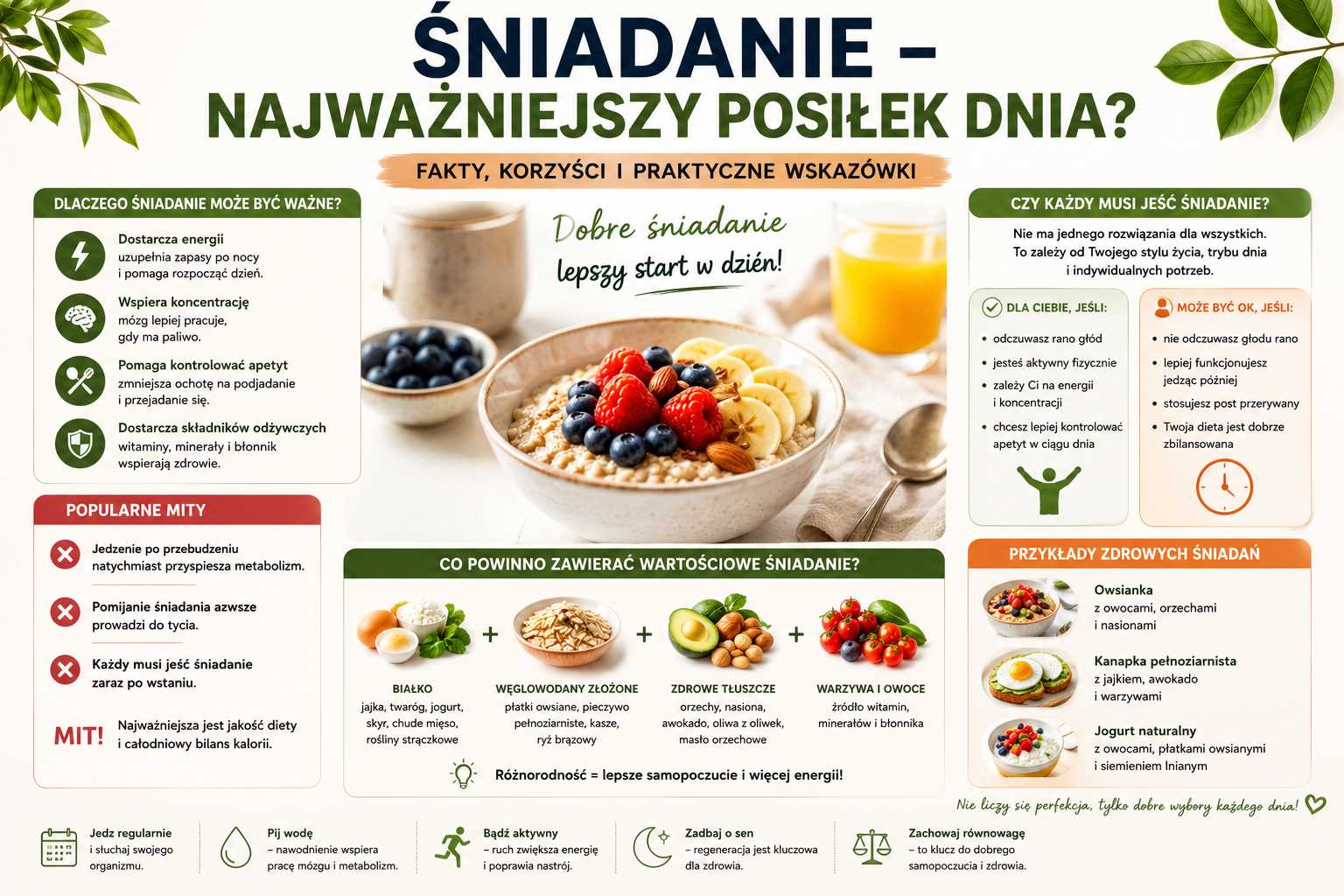 Infografika przedstawiająca temat „Śniadanie – najważniejszy posiłek dnia?”, pokazująca korzyści zdrowego śniadania, najczęstsze mity żywieniowe, przykłady pełnowartościowych śniadań oraz wskazówki dotyczące komponowania pierwszego posiłku dla lepszej energii, koncentracji i zdrowia.