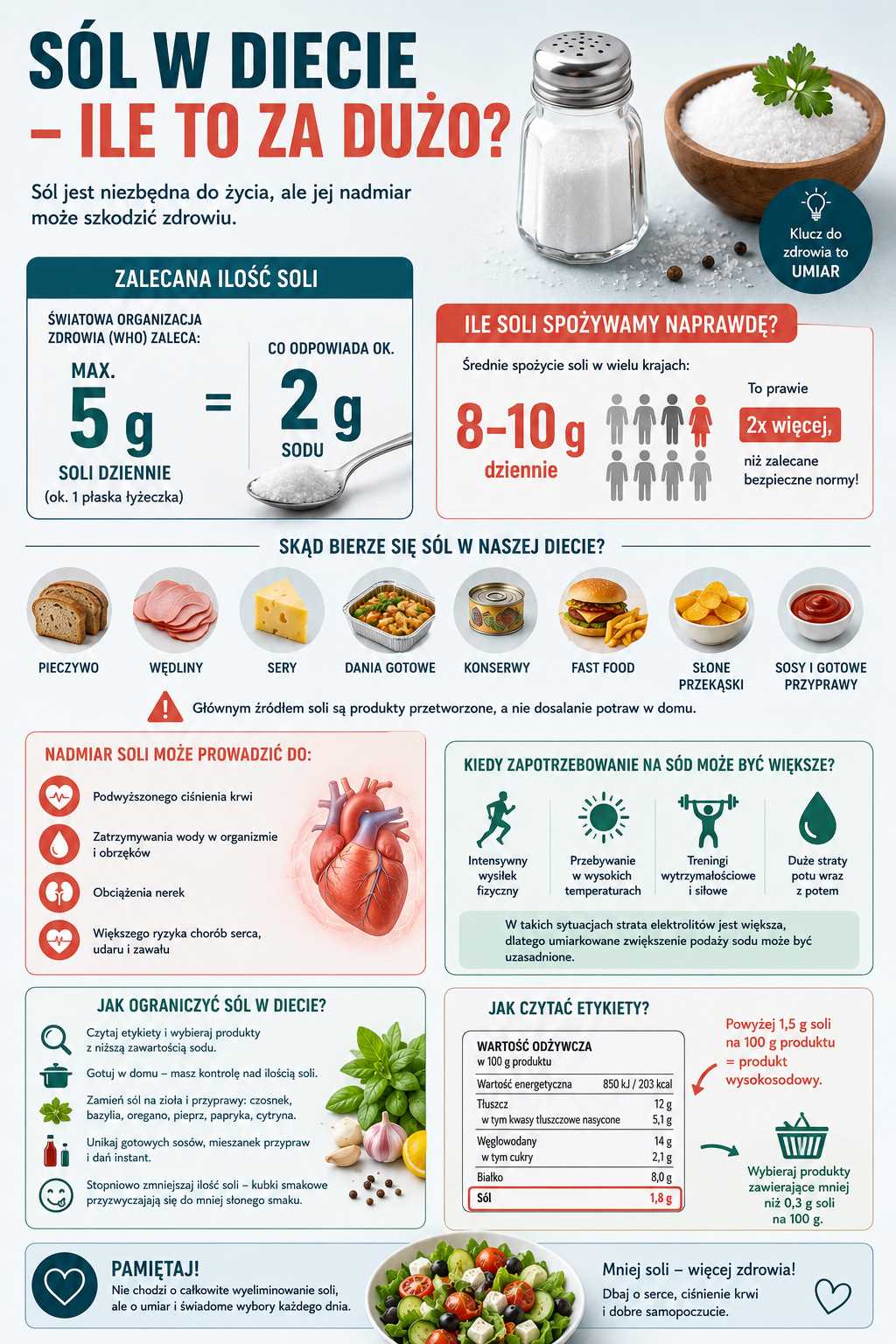 Infografika „Sól w diecie – ile to za dużo” przedstawiająca zalecane dzienne spożycie soli według WHO, źródła sodu w diecie, skutki nadmiaru soli dla zdrowia oraz praktyczne sposoby ograniczania sodu i czytania etykiet produktów.