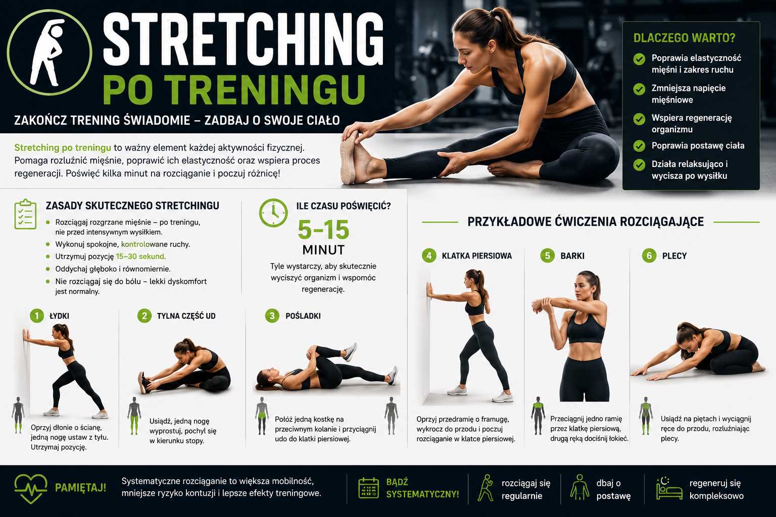 Stretching po treningu – infografika przedstawiająca ćwiczenia rozciągające po wysiłku, poprawę elastyczności mięśni, zwiększenie mobilności stawów oraz wsparcie regeneracji organizmu po treningu siłowym i cardio.