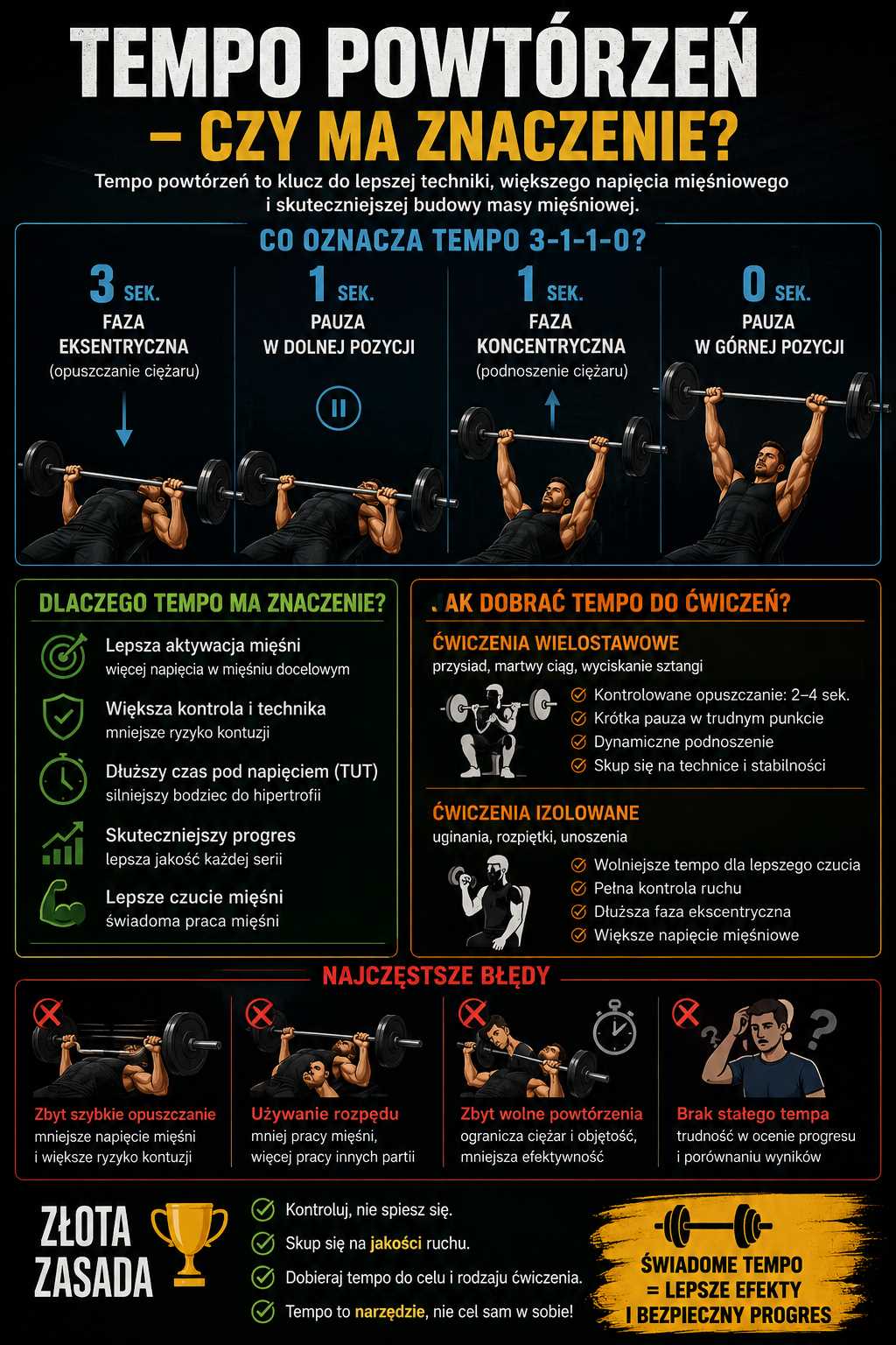 Infografika wyjaśniająca znaczenie tempa powtórzeń w treningu siłowym – pokazuje przykład tempa 3-1-1-0, fazę ekscentryczną i koncentryczną, wpływ kontroli ruchu na napięcie mięśniowe, hipertrofię, technikę oraz najczęstsze błędy podczas ćwiczeń.