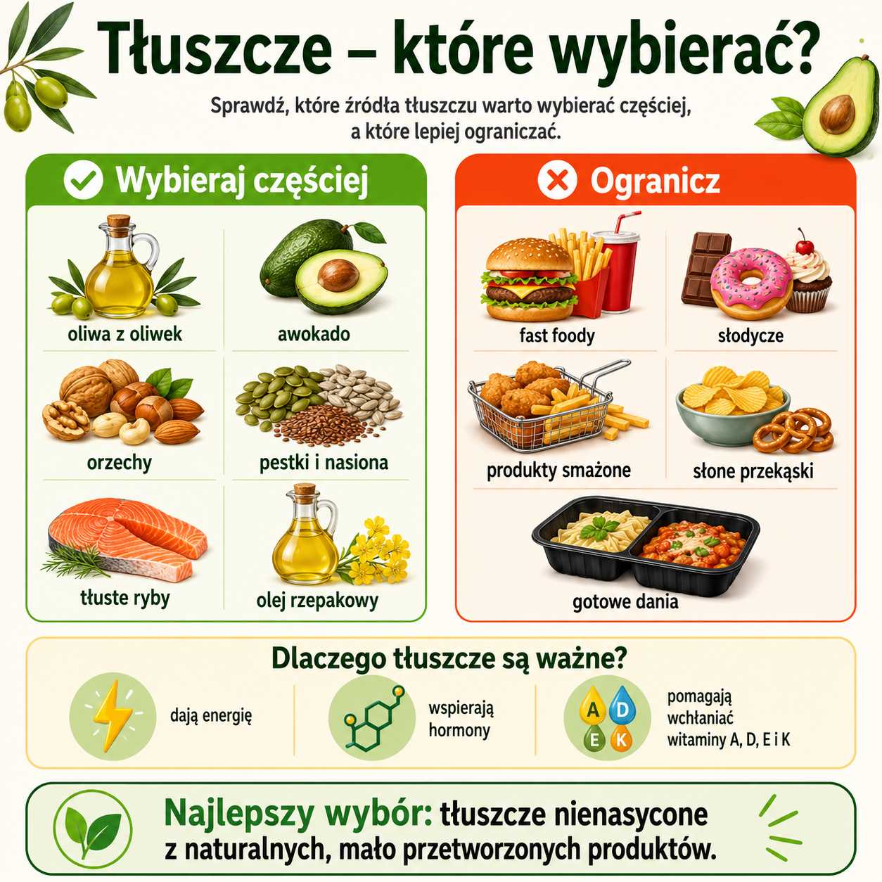 Infografika przedstawiająca, które tłuszcze wybierać w zdrowej diecie, pokazująca wartościowe źródła tłuszczów, takie jak oliwa z oliwek, awokado, orzechy, pestki, nasiona, tłuste ryby i olej rzepakowy, oraz produkty do ograniczenia, w tym fast foody, słodycze, smażone potrawy, słone przekąski i gotowe dania.