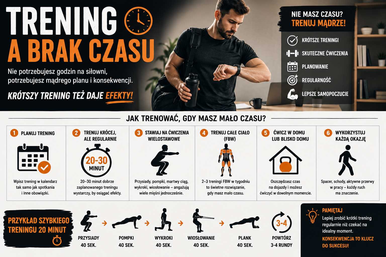 Trening a brak czasu – infografika pokazująca krótki plan ćwiczeń dla zapracowanych, 20–30 minut treningu, ćwiczenia wielostawowe, FBW, trening w domu, planowanie i regularność jako klucz do efektów.
