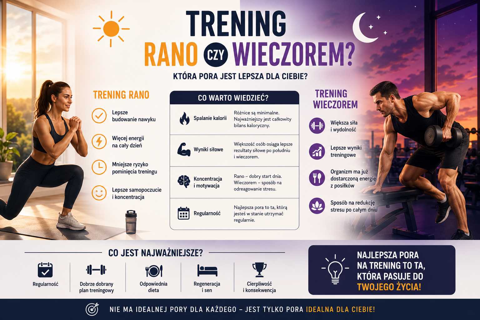 Trening rano czy wieczorem – infografika porównująca korzyści porannych i wieczornych ćwiczeń, wpływ na energię, siłę, regenerację, spalanie kalorii oraz regularność treningów.
