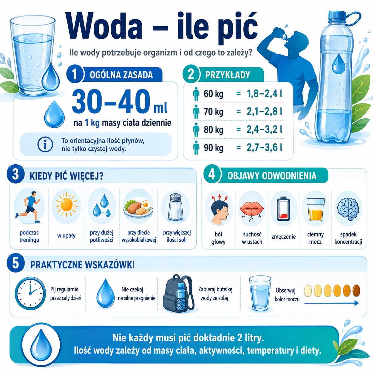 Infografika „Woda – ile pić” przedstawiająca zalecenia dotyczące nawodnienia organizmu, ogólną zasadę 30–40 ml płynów na kilogram masy ciała, przykłady zapotrzebowania na wodę, sytuacje wymagające większego nawodnienia oraz objawy odwodnienia, takie jak ból głowy, suchość w ustach, zmęczenie, ciemny mocz i spadek koncentracji.