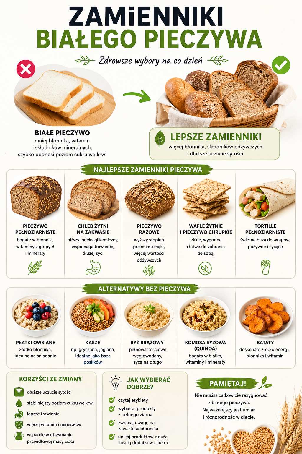 Infografika przedstawiająca zamienniki białego pieczywa, porównująca tradycyjne pieczywo pszenne z pełnoziarnistymi alternatywami, takimi jak chleb żytni na zakwasie, pieczywo razowe, wafle żytnie, tortille pełnoziarniste oraz produkty bez pieczywa, w tym płatki owsiane, kasze, ryż brązowy, komosę ryżową i bataty. Grafika zawiera informacje o korzyściach zdrowotnych, większej zawartości błonnika i zasadach wyboru wartościowych produktów zbożowych.