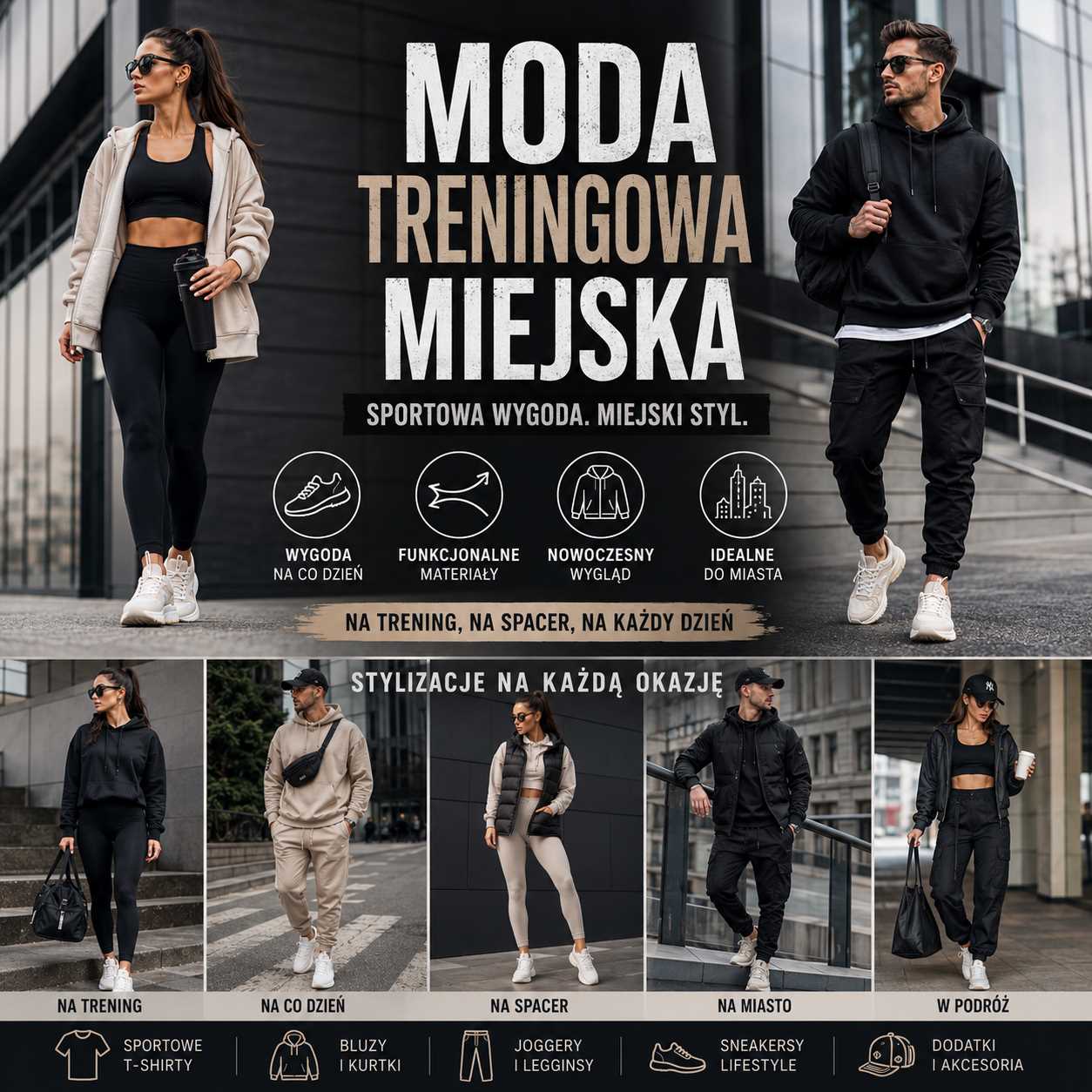 Moda treningowa miejska – kobieta i mężczyzna w nowoczesnych sportowych stylizacjach athleisure z legginsami, joggerami, bluzami i sneakersami w miejskiej scenerii, prezentujący wygodę i styl na co dzień.