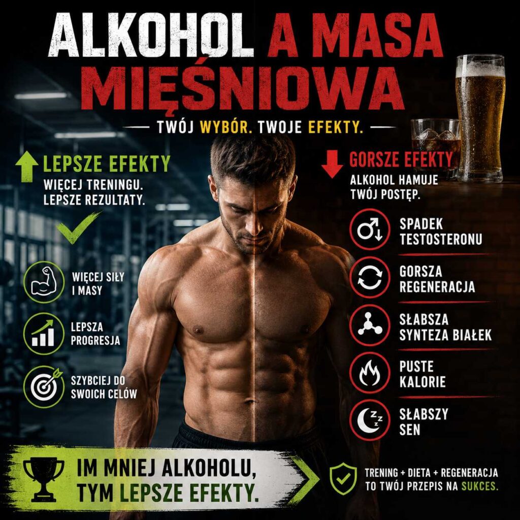 alkohol a masa mięśniowa, umięśniony mężczyzna na siłowni, grafika pokazująca wpływ alkoholu na testosteron, regenerację, syntezę białek, sen i efekty treningowe