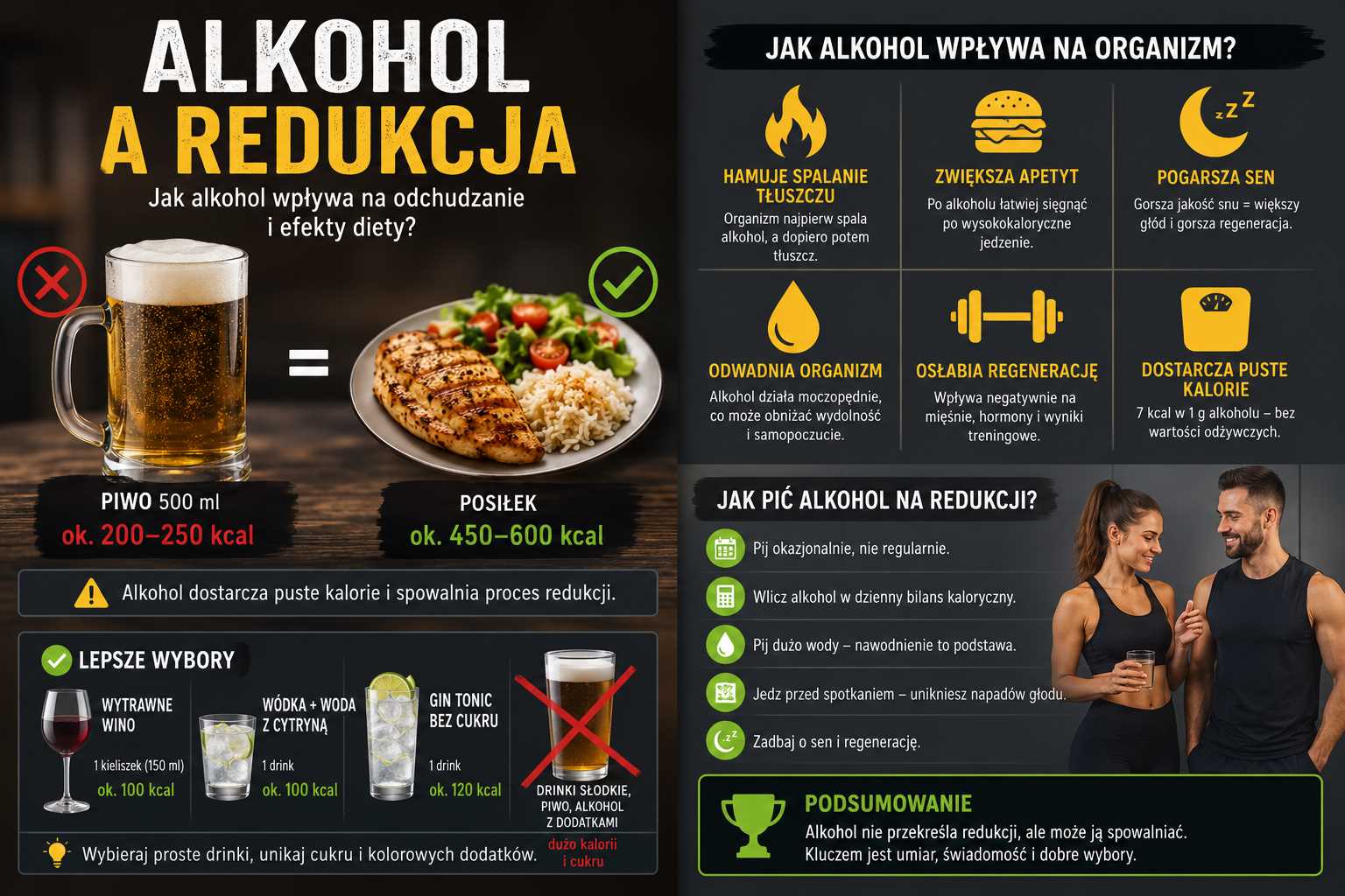 Infografika „Alkohol a redukcja” przedstawiająca wpływ alkoholu na odchudzanie. Grafika pokazuje kaloryczność alkoholu, spowolnienie spalania tłuszczu, zwiększony apetyt, pogorszenie snu i regeneracji oraz odwodnienie, a także lepsze wybory i zasady picia alkoholu podczas redukcji.