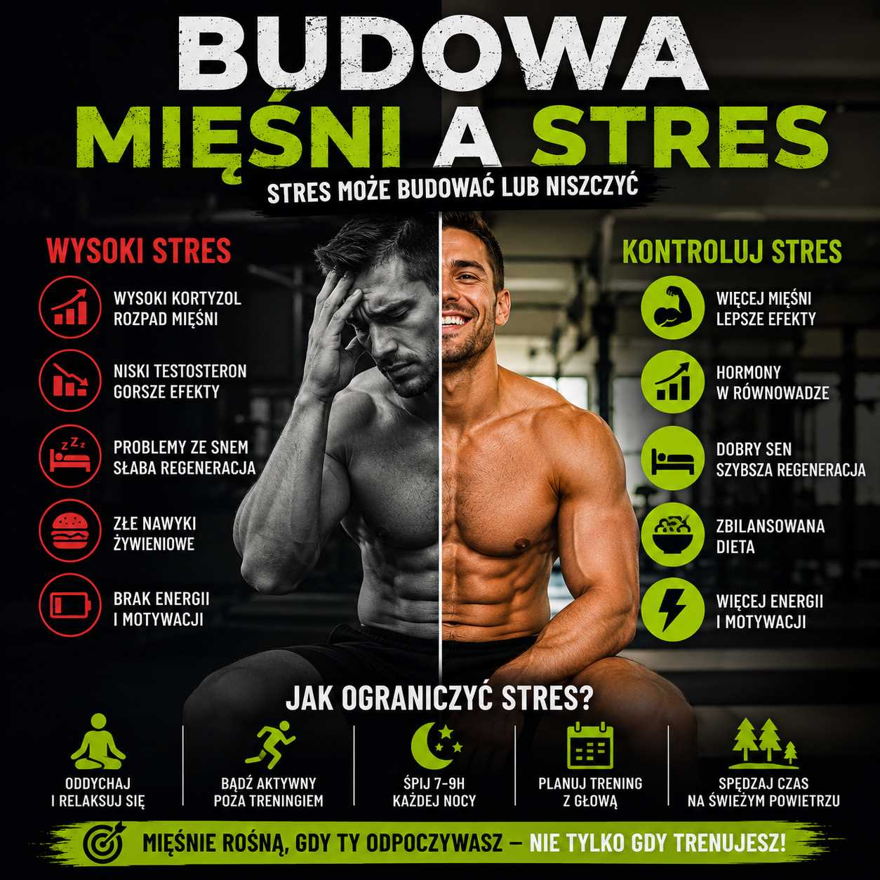 budowa mięśni a stres, porównanie wysokiego stresu i kontroli stresu, mężczyzna na siłowni, wpływ kortyzolu, regeneracja, sen i dieta na rozwój mięśni
