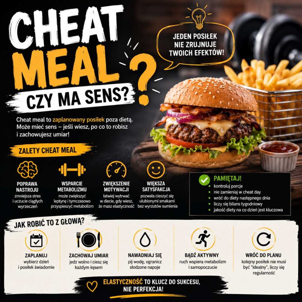 Cheat meal – czy ma sens? Burger i frytki obok akcesoriów treningowych oraz wskazówki dotyczące świadomego planowania posiłku, umiaru i utrzymania efektów diety.