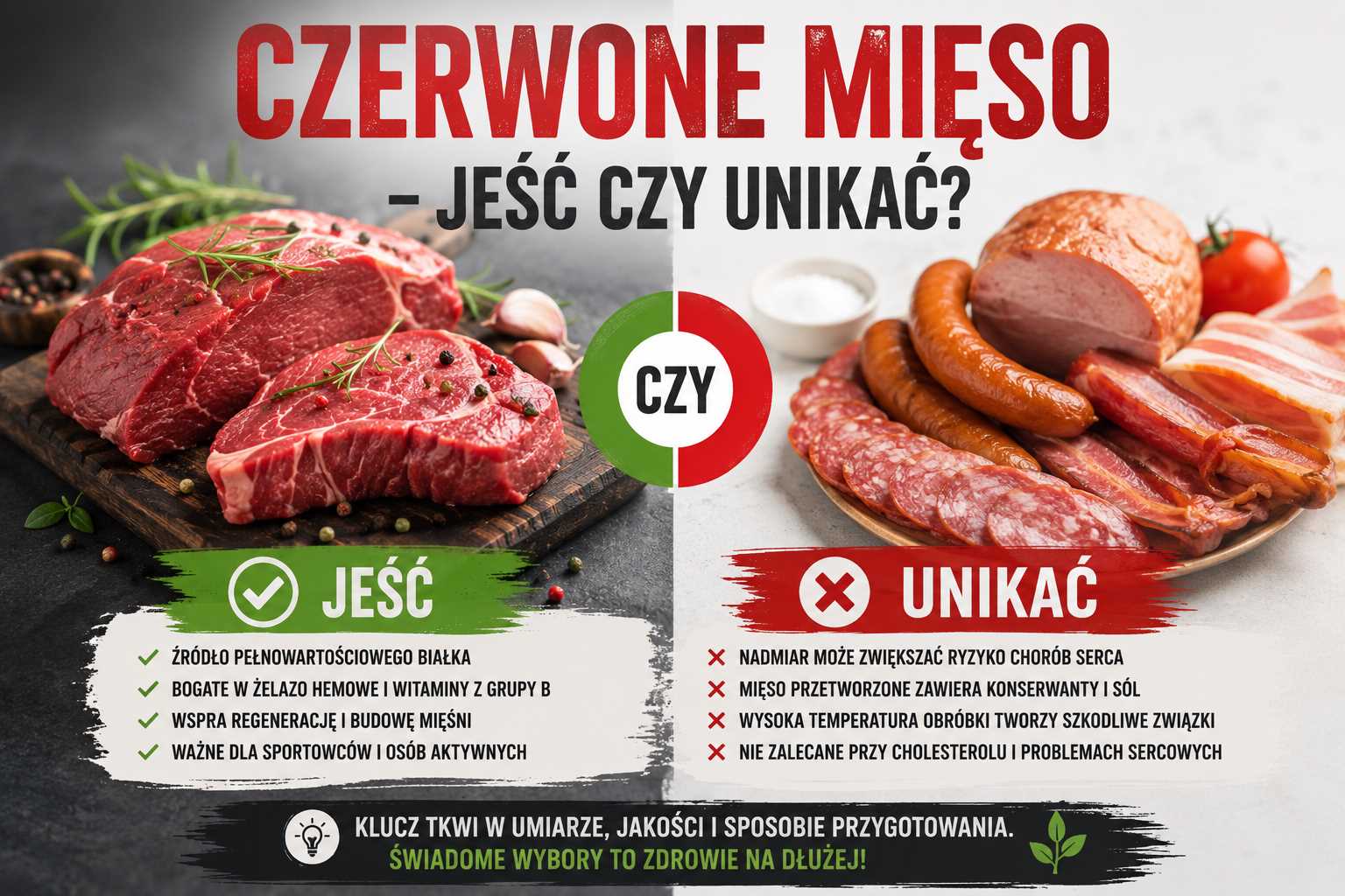 Infografika przedstawiająca czerwone mięso z podziałem na „jeść” i „unikać”, pokazująca świeżą wołowinę jako źródło białka oraz przetworzone mięso jako potencjalne zagrożenie dla zdrowia