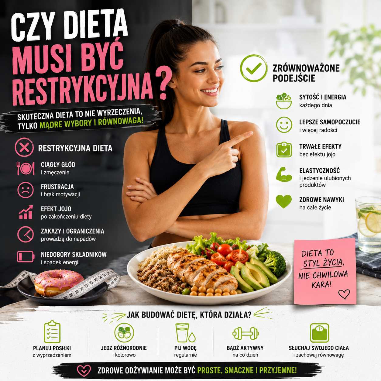 Czy dieta musi być restrykcyjna – zdrowy posiłek, świeże produkty oraz porównanie restrykcyjnej diety z elastycznym i zbilansowanym sposobem odżywiania.