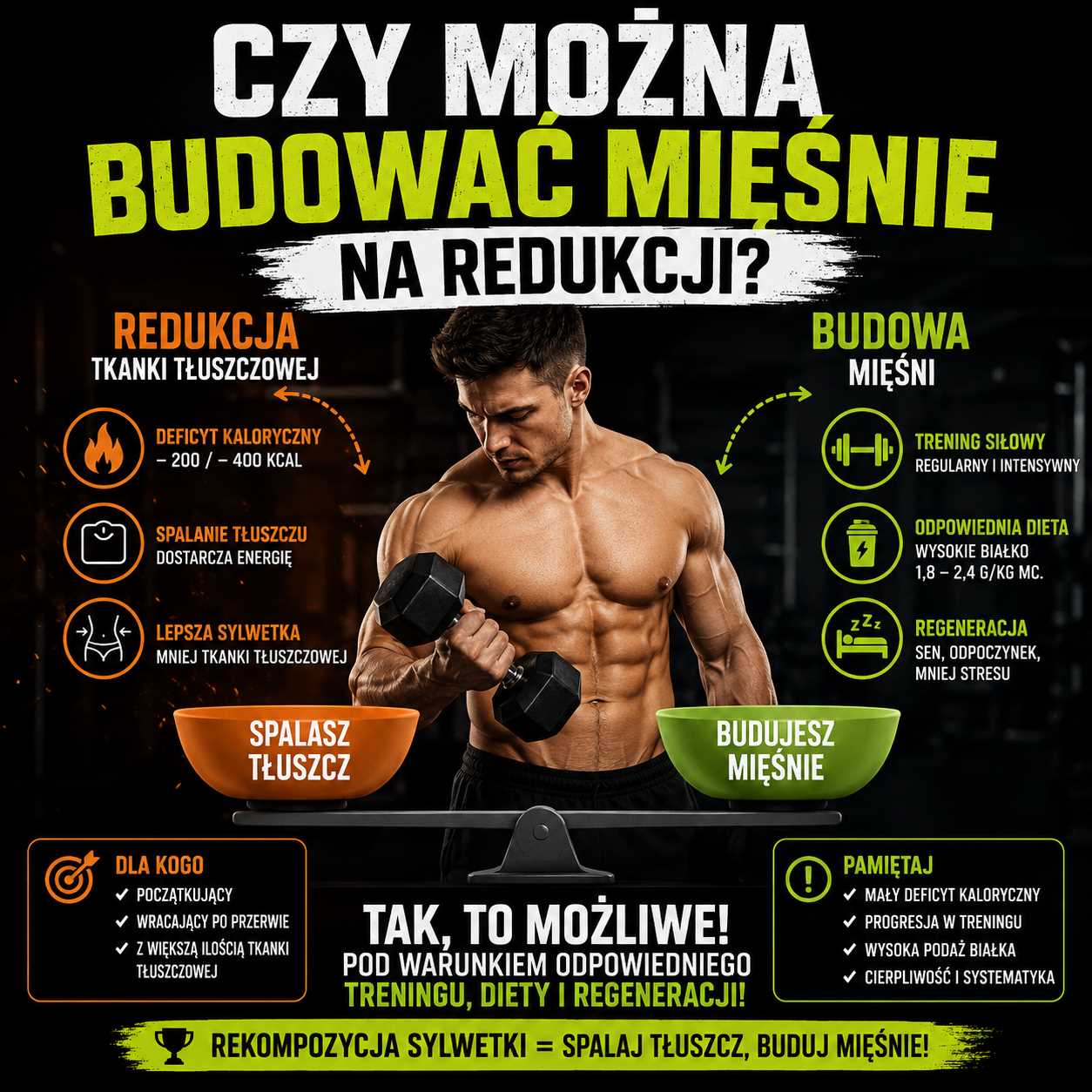 czy można budować mięśnie na redukcji, mężczyzna trenujący na siłowni z hantlami, grafika pokazująca spalanie tłuszczu i budowę mięśni, trening, dieta i regeneracja