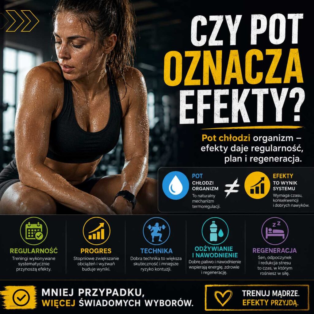 Czy pot oznacza efekty – zmęczona kobieta po treningu na siłowni oraz grafika wyjaśniająca, że pot chłodzi organizm, a rezultaty daje regularność, plan i regeneracja.