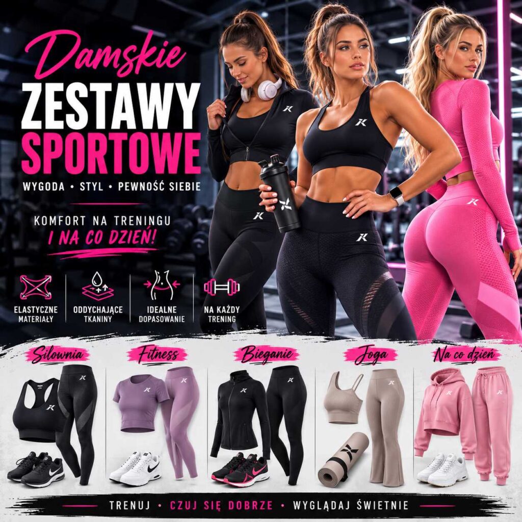 Damskie zestawy sportowe – modne komplety treningowe dla kobiet z legginsami, topami, bluzami i odzieżą fitness na siłownię, jogę, bieganie oraz na co dzień.
