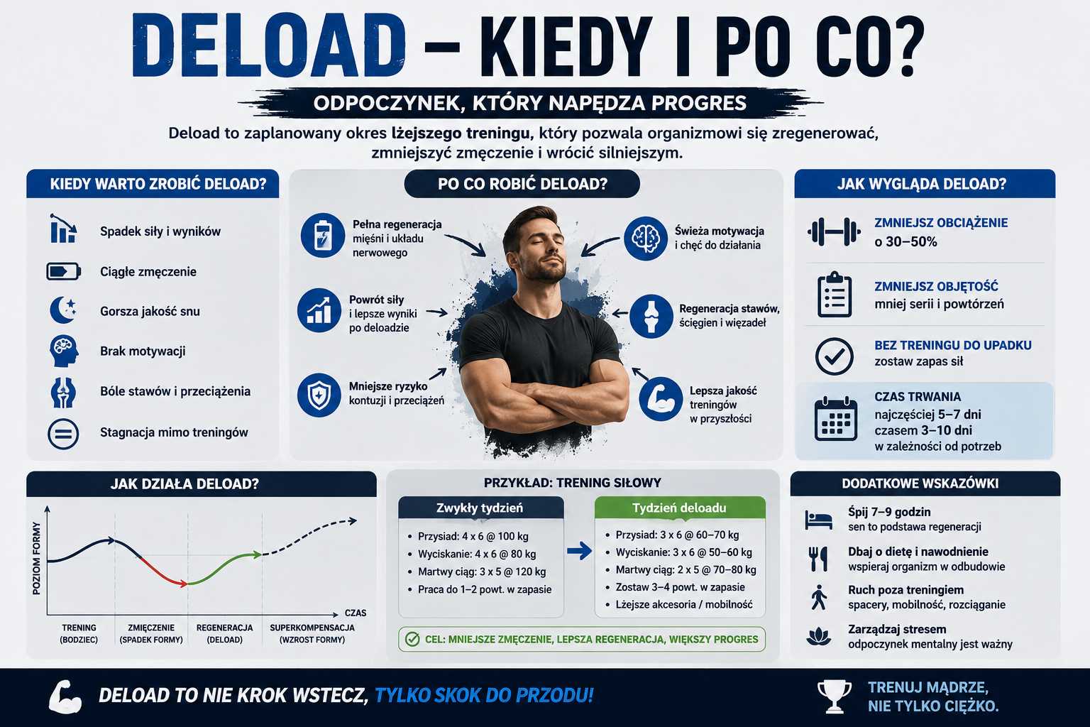 Infografika przedstawiająca deload – kiedy i po co go stosować – pokazuje objawy zmęczenia, sposoby zmniejszenia obciążenia i objętości treningu, znaczenie regeneracji, snu oraz wpływ deloadu na progres i wyniki treningowe.
