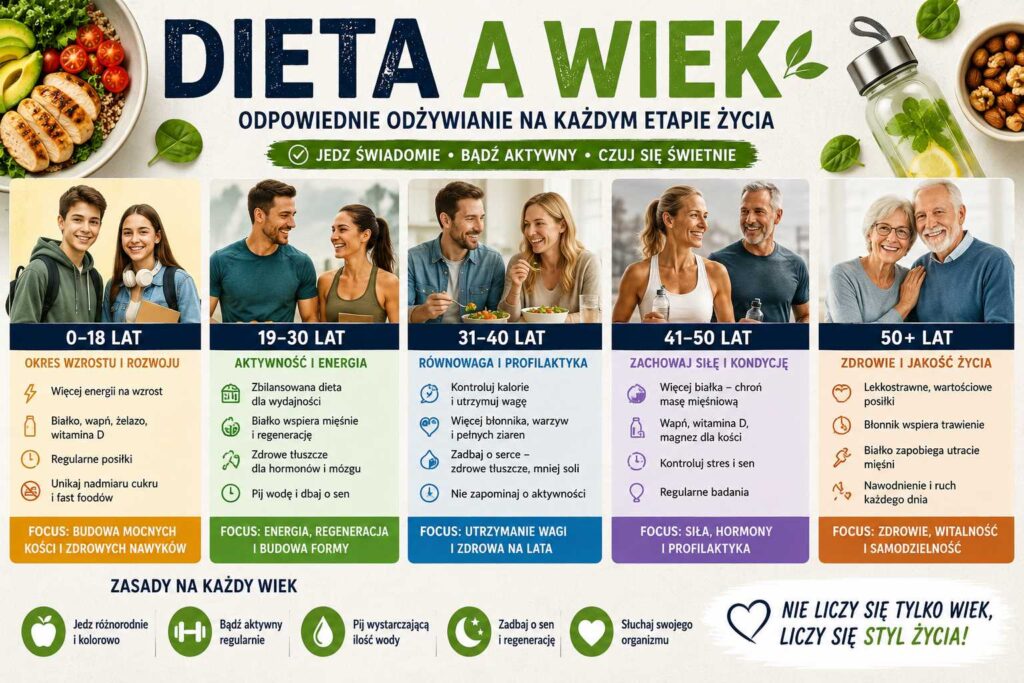 Dieta a wiek – infografika przedstawiająca zasady zdrowego odżywiania na różnych etapach życia, od dzieciństwa po wiek senioralny, z uwzględnieniem aktywności fizycznej i zbilansowanej diety.