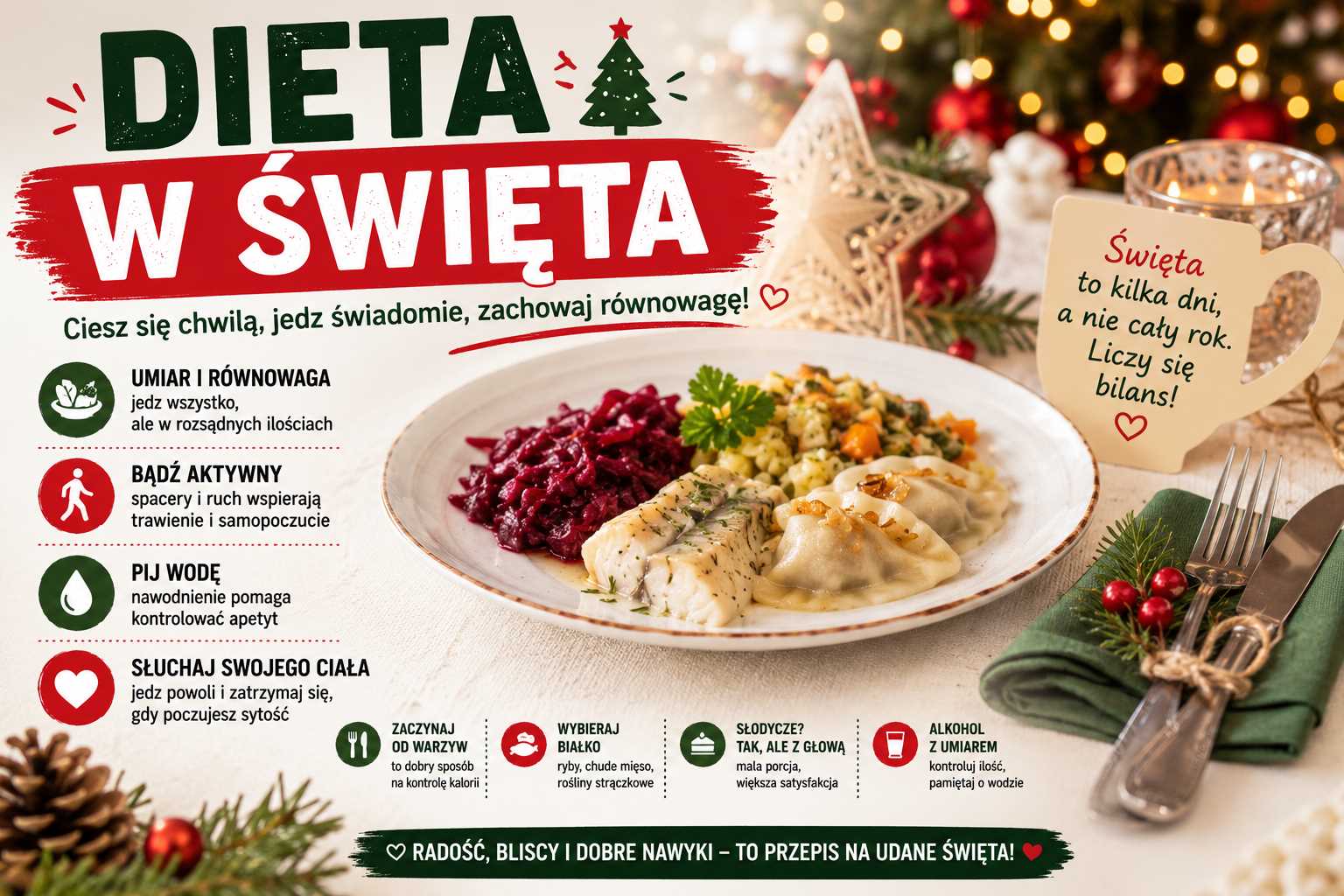 Dieta w święta – świąteczny stół z tradycyjnymi potrawami oraz wskazówki dotyczące zdrowego odżywiania, umiaru i zachowania równowagi podczas świąt.