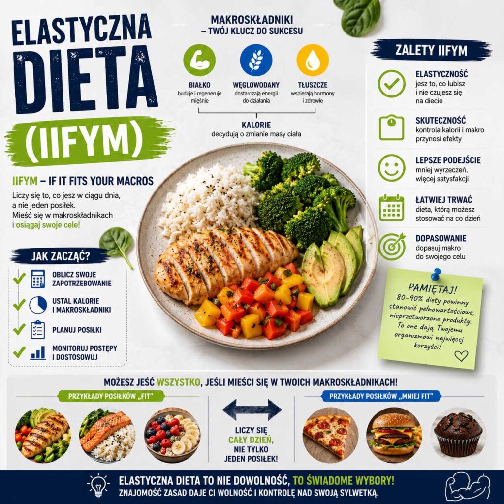 Elastyczna dieta (IIFYM) – zbilansowany posiłek z kurczakiem, ryżem i warzywami oraz grafika przedstawiająca makroskładniki, kontrolę kalorii i zasady elastycznego odżywiania.