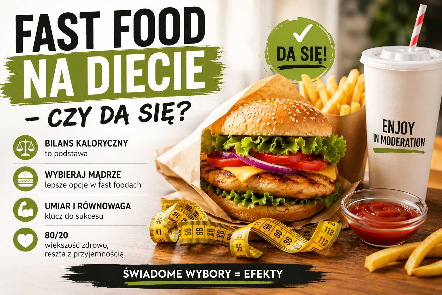Fast food na diecie – burger, frytki i napój gazowany obok miarki i hantla, symbol równowagi między dietą a przyjemnością