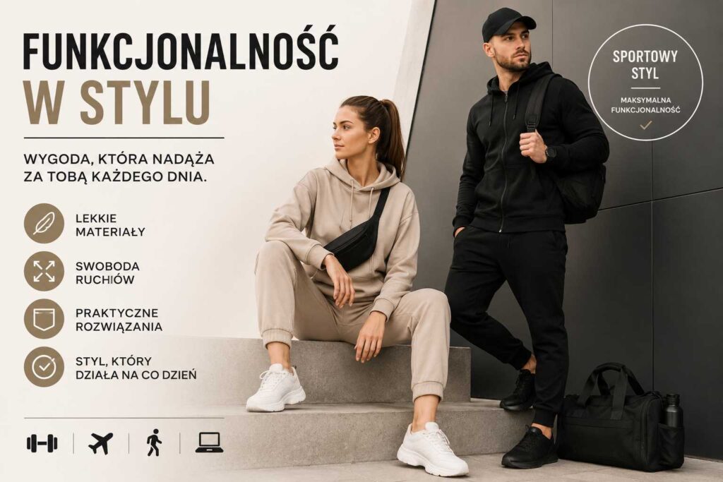 Funkcjonalność w stylu – kobieta i mężczyzna w wygodnej odzieży sportowej, pokazującej praktyczny miejski look, swobodę ruchu i codzienny komfort.