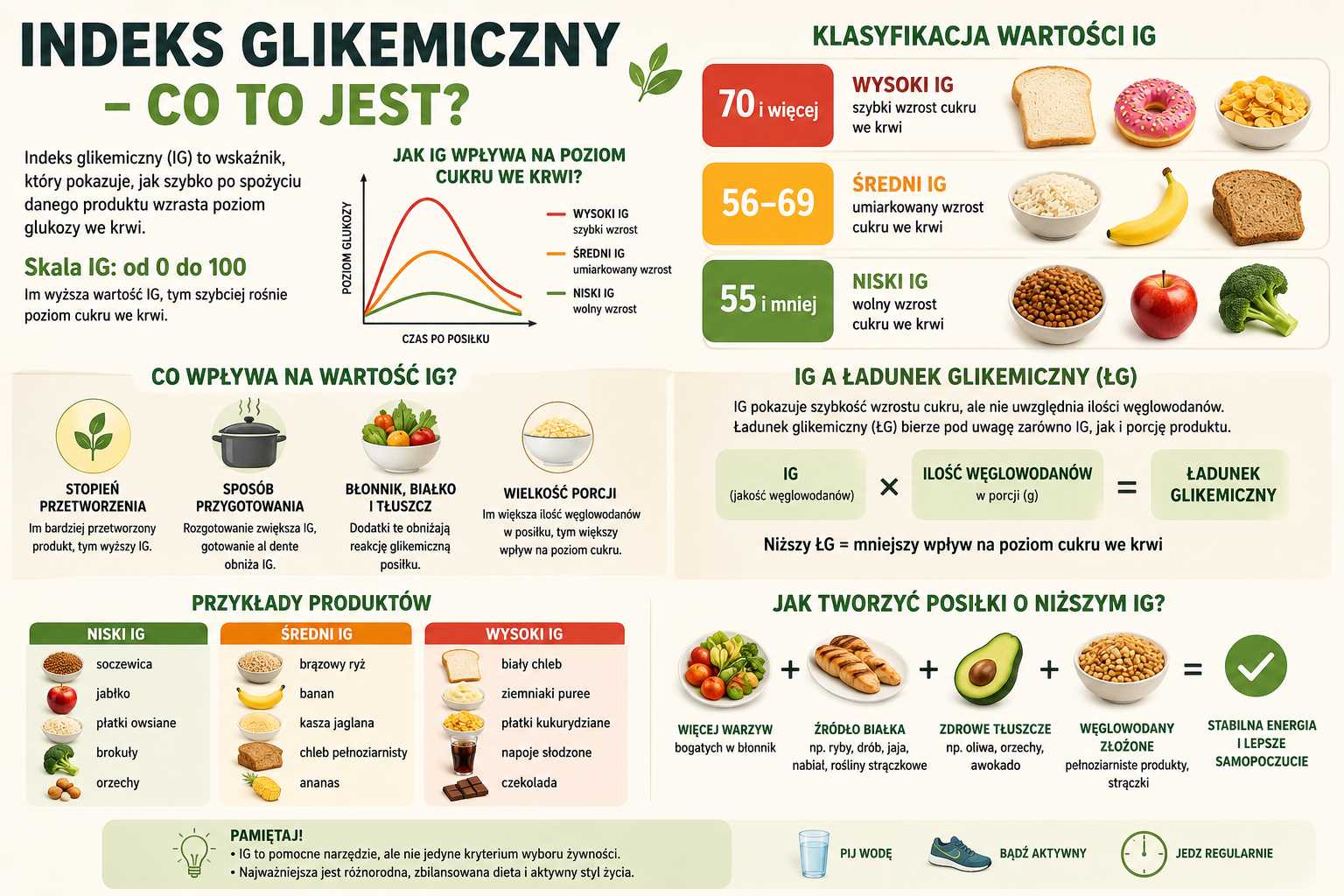 Infografika wyjaśniająca, czym jest indeks glikemiczny, pokazująca skalę IG od 0 do 100, podział na niski, średni i wysoki IG oraz przykłady produktów wpływających na poziom cukru we krwi.