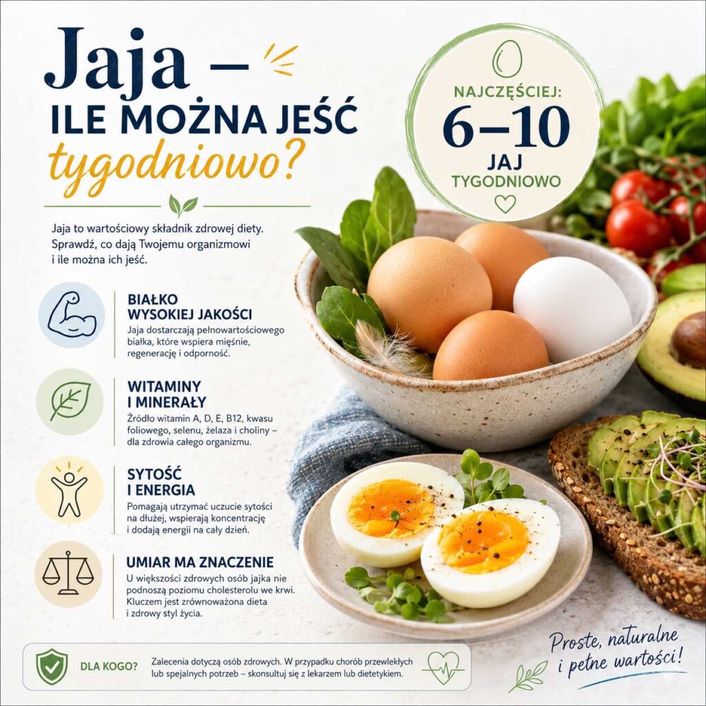 Infografika przedstawiająca jajka w zdrowej diecie, pokazująca zalecaną ilość 6–10 jaj tygodniowo oraz korzyści takie jak białko, witaminy, minerały, sytość i energia.