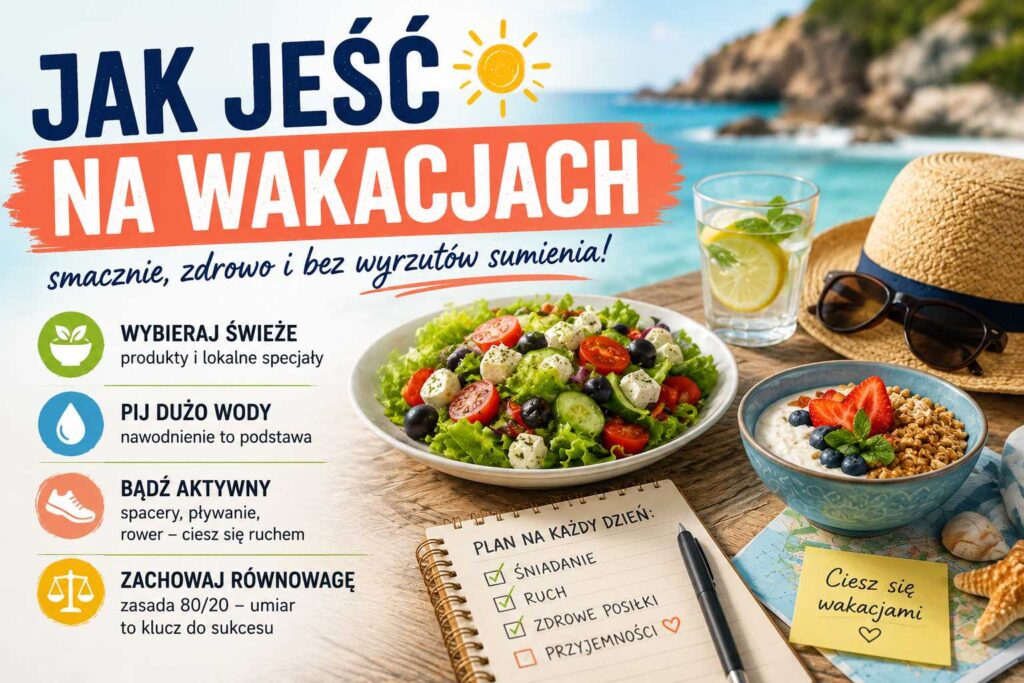 Jak jeść na wakacjach – zdrowe posiłki na plaży, sałatka, jogurt z owocami i woda z cytryną, symbol równowagi między dietą a relaksem