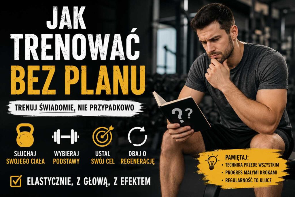 Jak trenować bez planu – mężczyzna na siłowni analizuje trening, a grafika pokazuje zasady świadomego ćwiczenia bez chaosu.