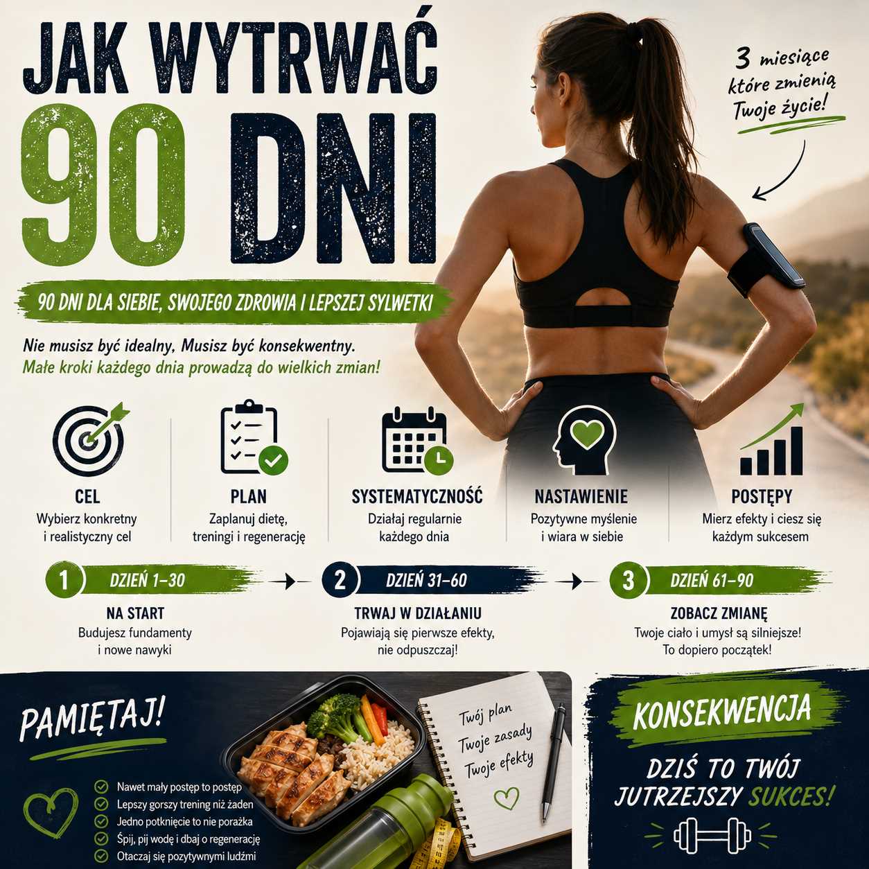 Jak wytrwać 90 dni – plan budowania zdrowych nawyków, regularnych treningów i zbilansowanej diety z motywacyjną grafiką pokazującą drogę do osiągnięcia celu.