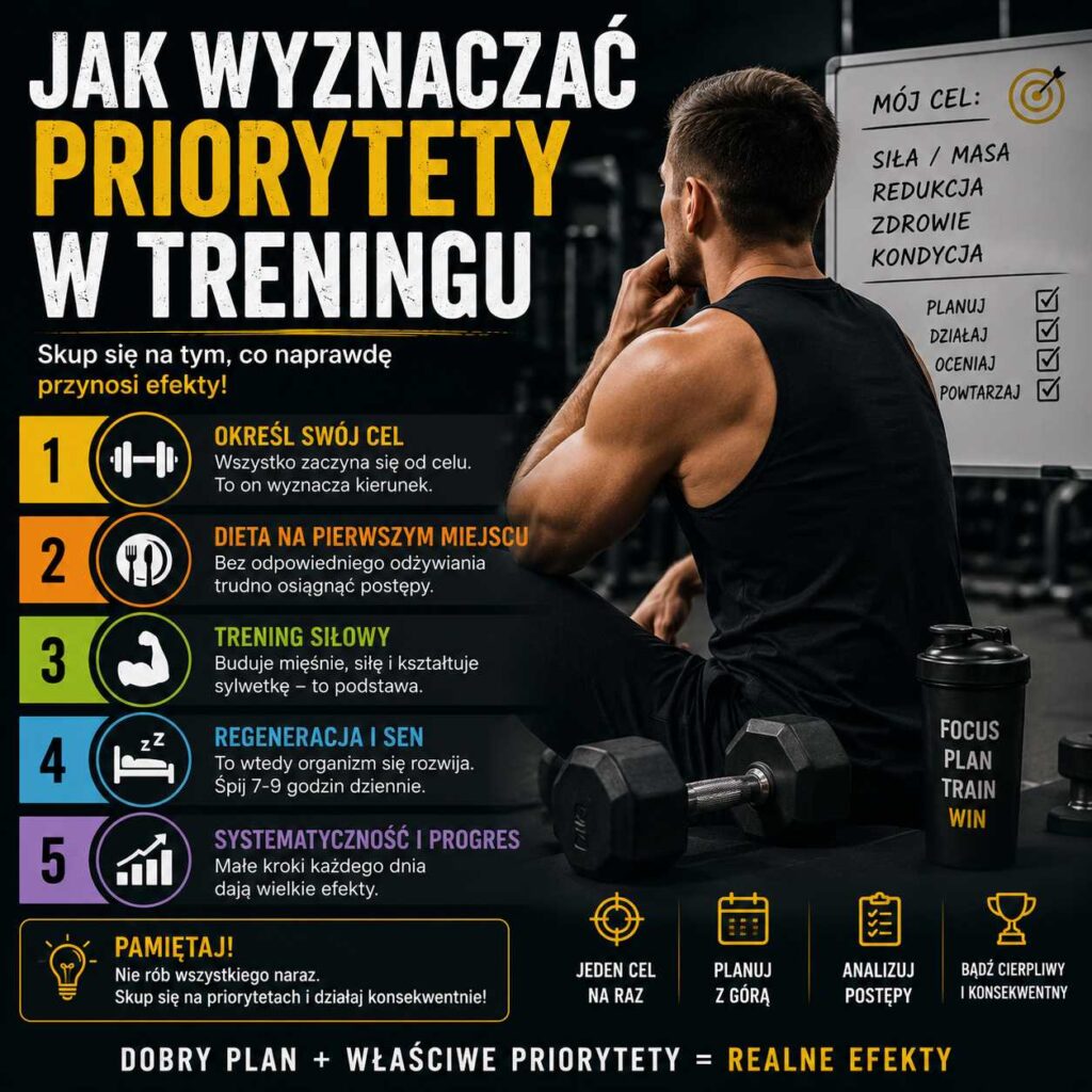 Jak wyznaczać priorytety w treningu – mężczyzna na siłowni analizuje cele treningowe, plan działania i najważniejsze elementy skutecznego rozwoju formy.