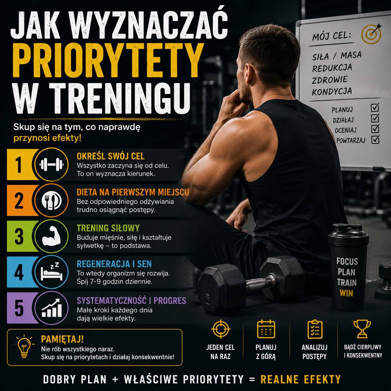 Jak wyznaczać priorytety w treningu – mężczyzna na siłowni analizuje cele treningowe, plan działania i najważniejsze elementy skutecznego rozwoju formy.