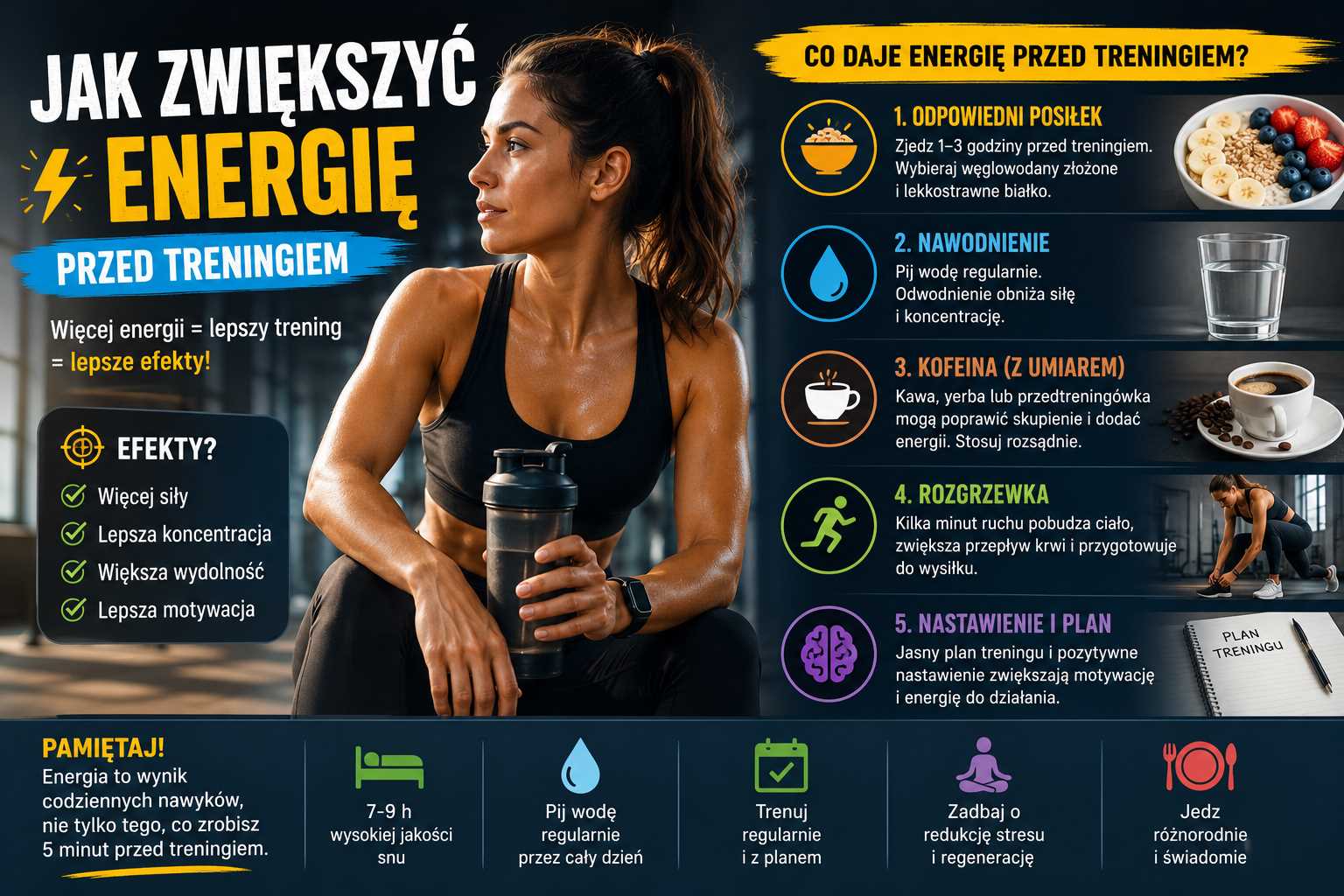 Jak zwiększyć energię przed treningiem – kobieta na siłowni z shakerem oraz grafika pokazująca rolę posiłku, nawodnienia, kofeiny, rozgrzewki i planu treningowego.