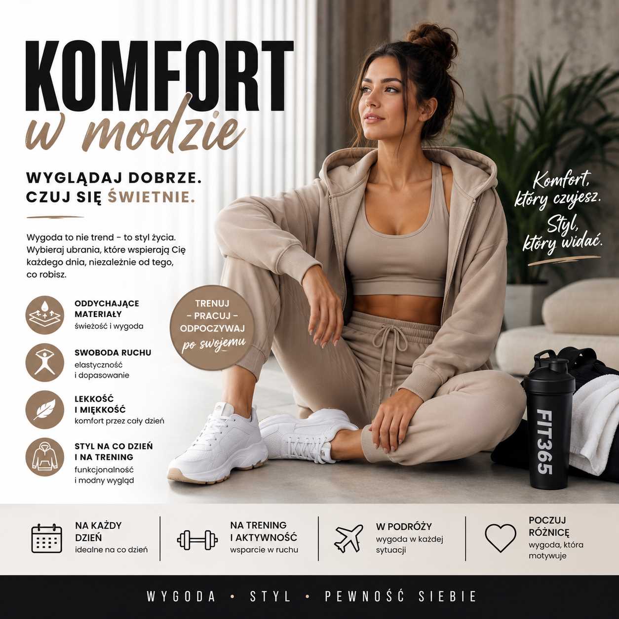 Komfort w modzie – kobieta w wygodnym zestawie sportowym, łączącym styl, swobodę ruchu i codzienną wygodę w nowoczesnej stylizacji.