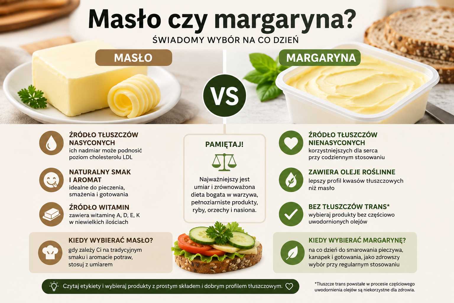 Infografika porównująca masło i margarynę, pokazująca ich główne cechy, różnice w rodzaju tłuszczów, zastosowanie w codziennej diecie oraz wskazówki, kiedy lepiej wybrać masło, a kiedy margarynę roślinną.