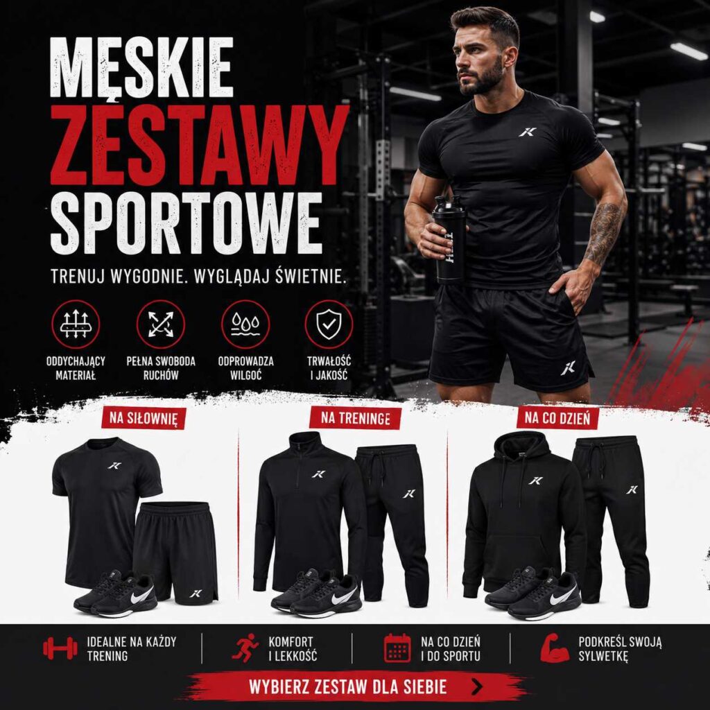 Męskie zestawy sportowe – czarny komplet treningowy dla mężczyzn z koszulką, spodenkami, bluzą i spodniami do ćwiczeń na siłowni oraz na co dzień.