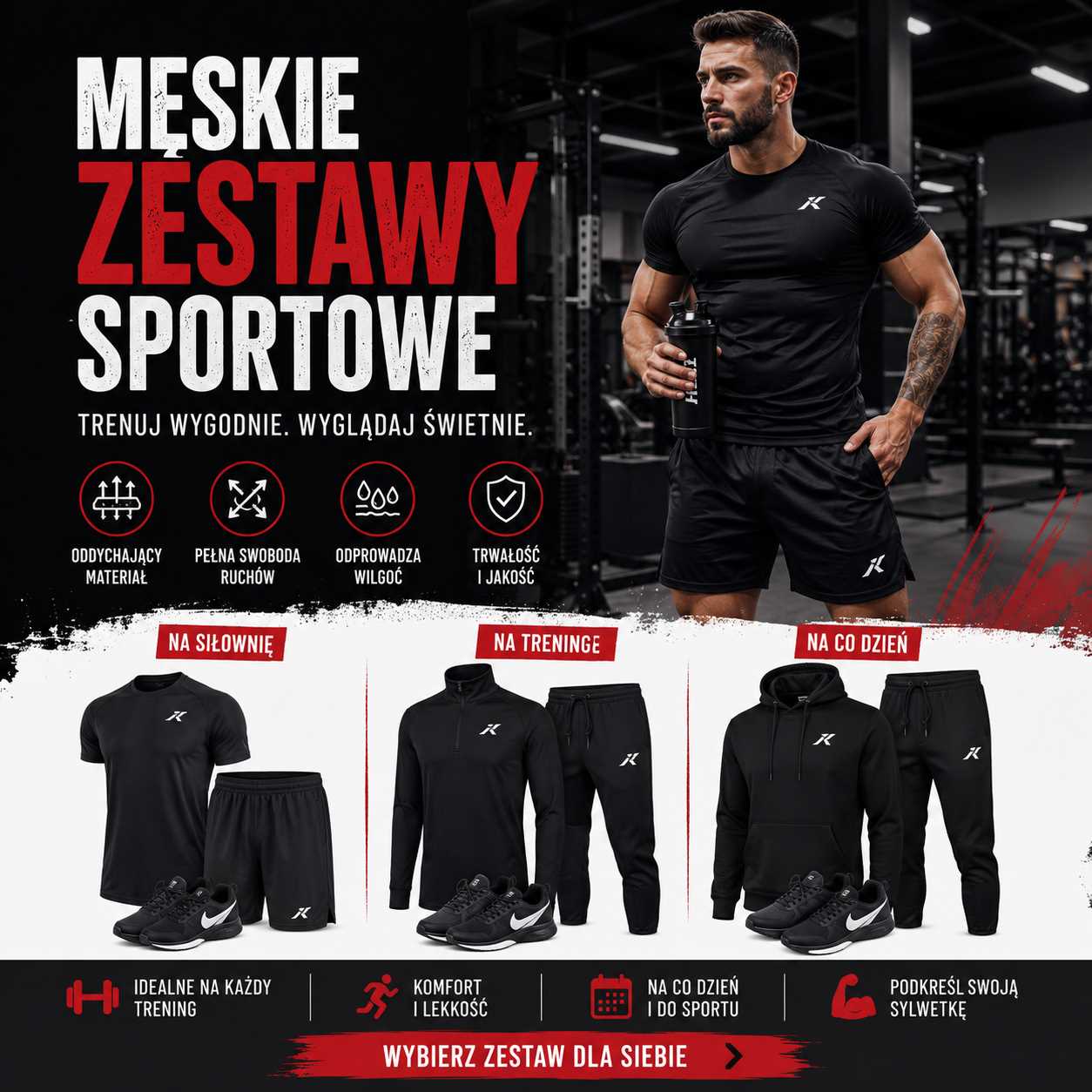 Męskie zestawy sportowe – czarny komplet treningowy dla mężczyzn z koszulką, spodenkami, bluzą i spodniami do ćwiczeń na siłowni oraz na co dzień.