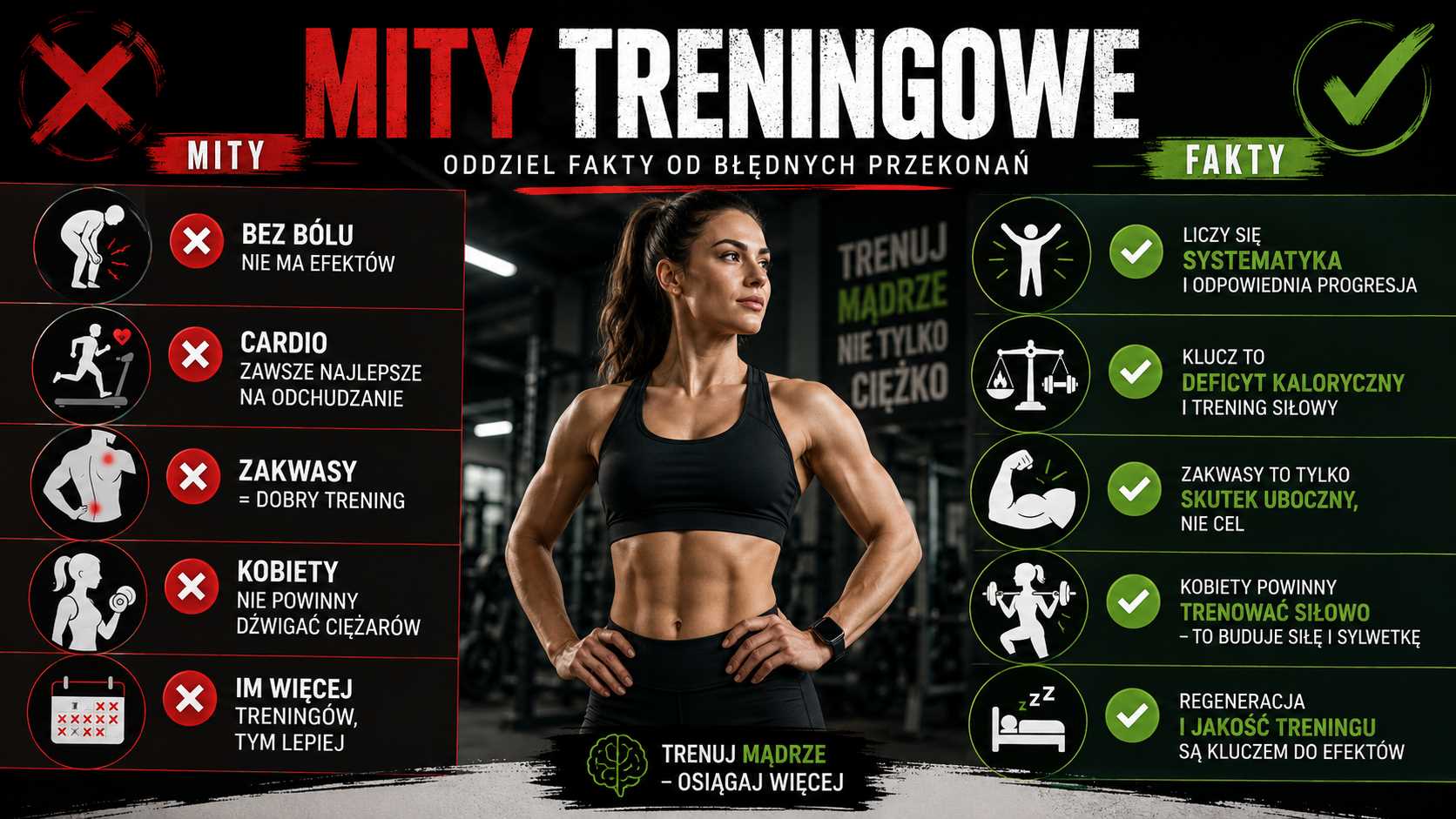 Mity treningowe – infografika porównująca popularne błędne przekonania o ćwiczeniach z faktami, dotycząca cardio, zakwasów, treningu kobiet, częstotliwości ćwiczeń oraz roli regeneracji i systematyki.