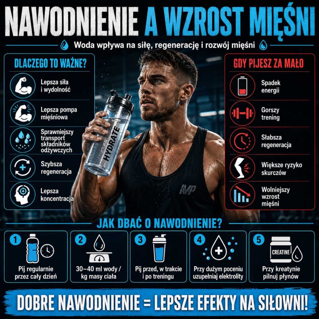 nawodnienie a wzrost mięśni, sportowiec na siłowni pijący wodę, grafika pokazująca wpływ nawodnienia na siłę, regenerację, pompę mięśniową i efekty treningowe